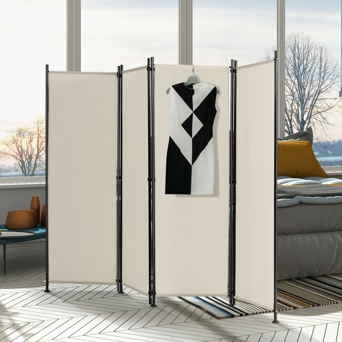 4-Panel Room Divider Folding Privacy Screen-Beige