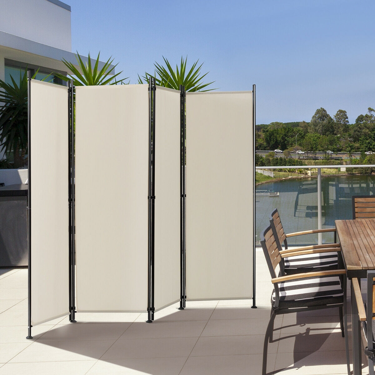 4-Panel Room Divider Folding Privacy Screen-Beige