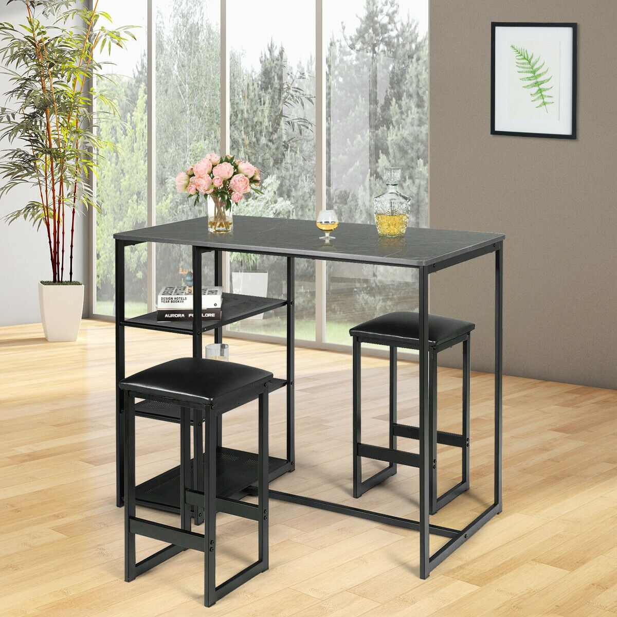 3 pcs Dining Set with Faux Marble Top Table and 2 Stools-Black 