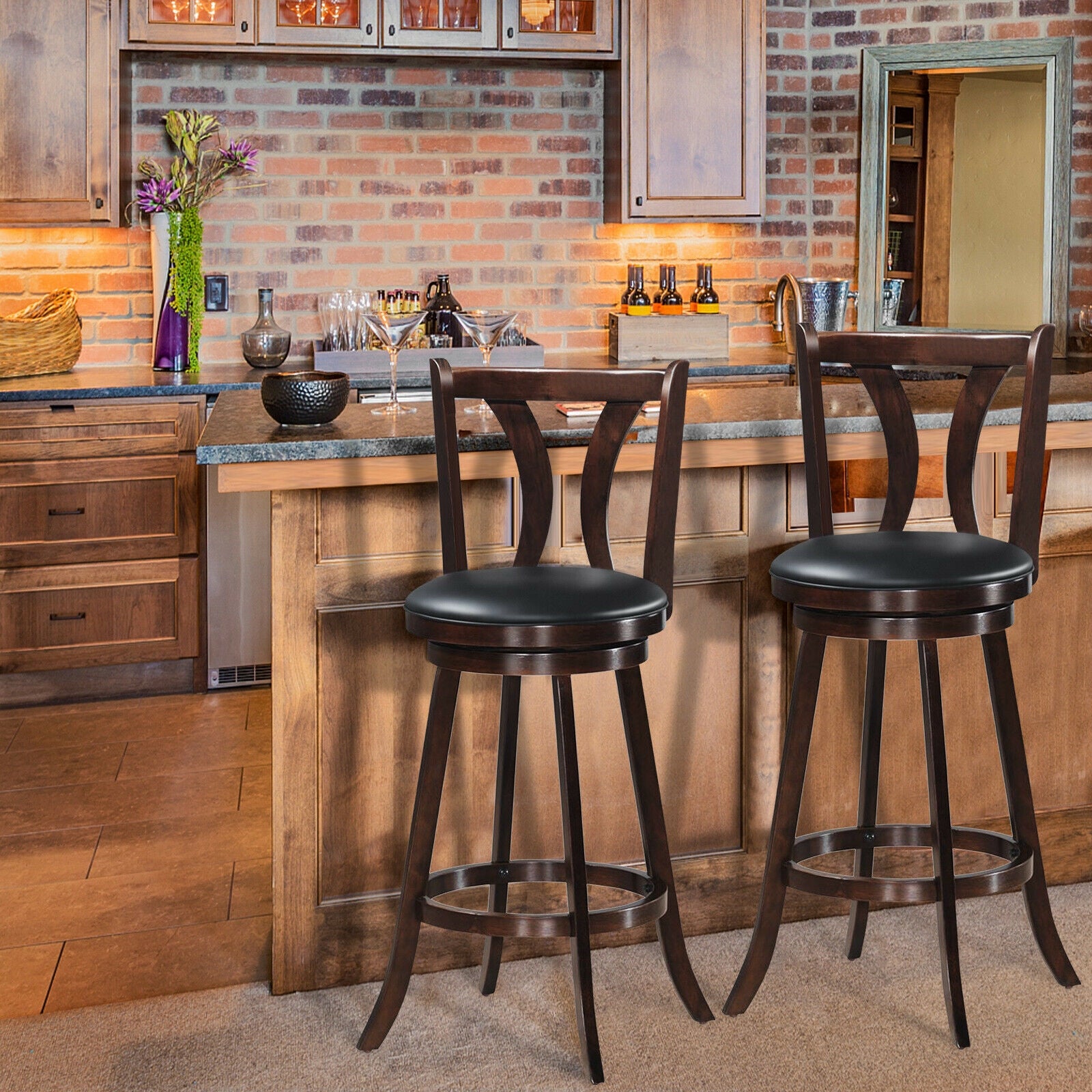 Set of 2 Swivel Bar Stools 29.5 Inch Bar Height Chairs with Rubber Wood Legs-29.5 Inch 