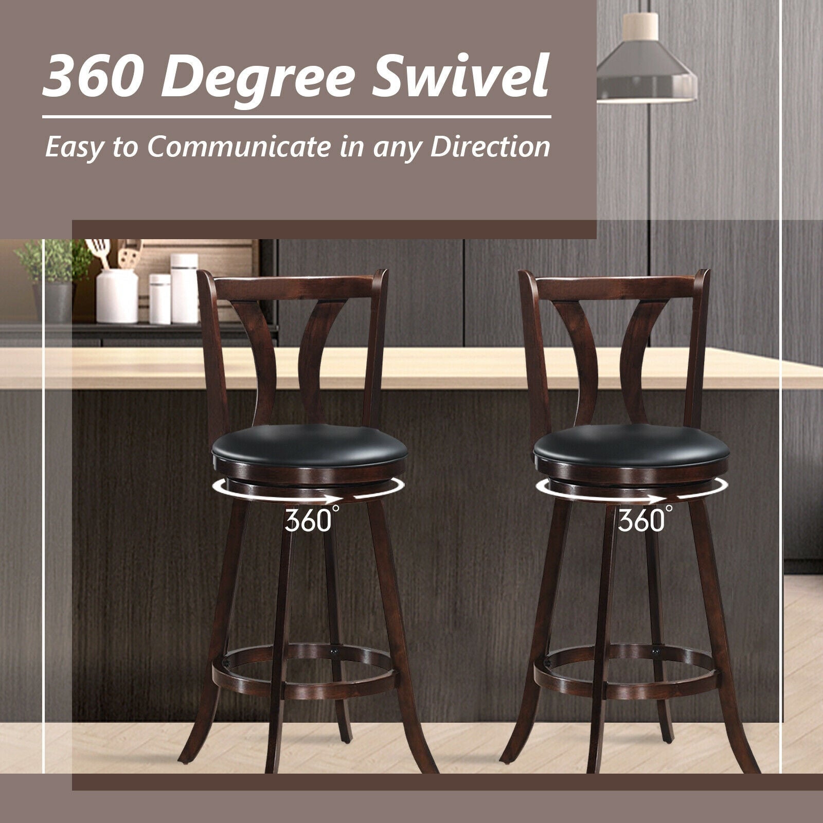 Set of 2 Swivel Bar Stools 29.5 Inch Bar Height Chairs with Rubber Wood Legs-29.5 Inch