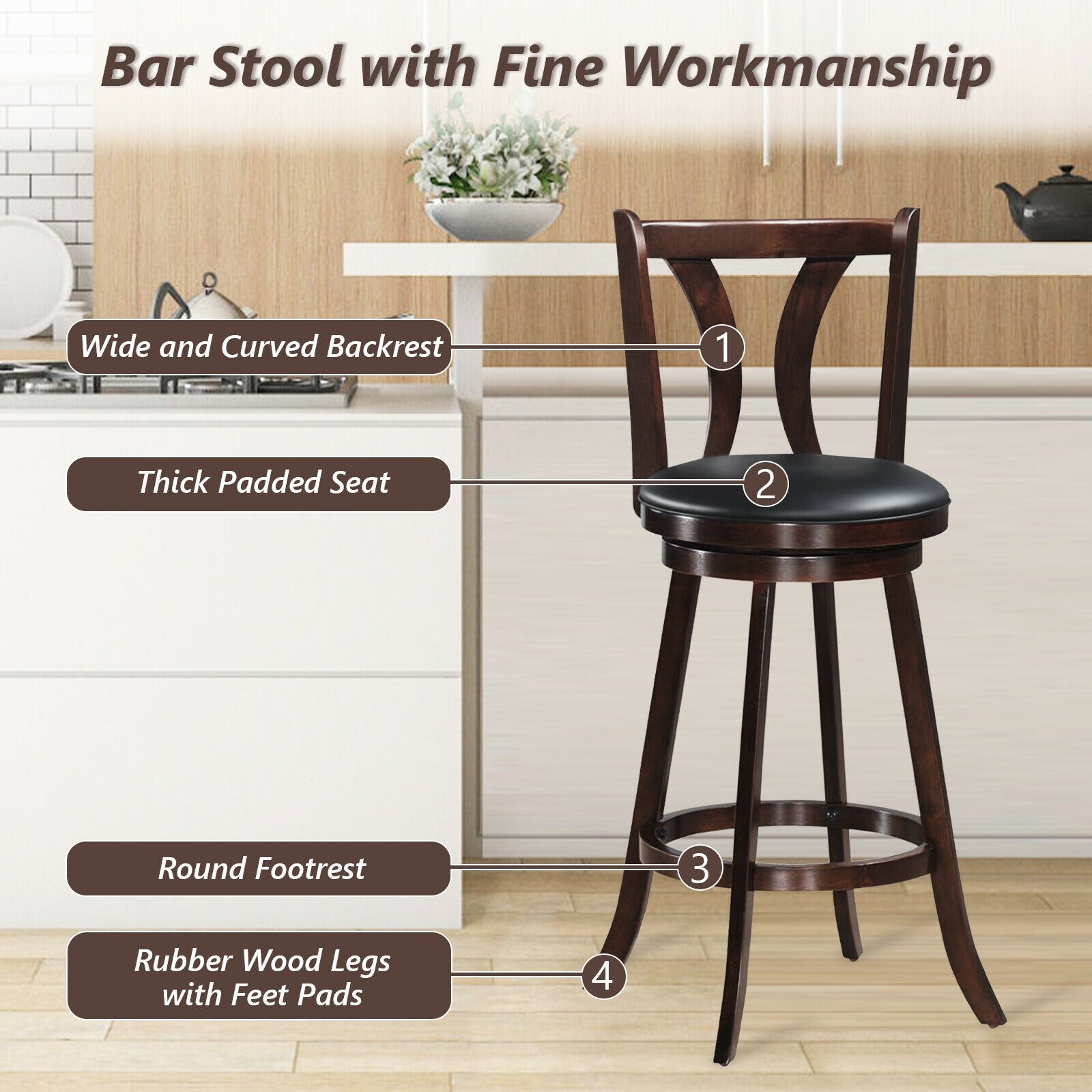 Set of 2 Swivel Bar Stools 29.5 Inch Bar Height Chairs with Rubber Wood Legs-29.5 Inch