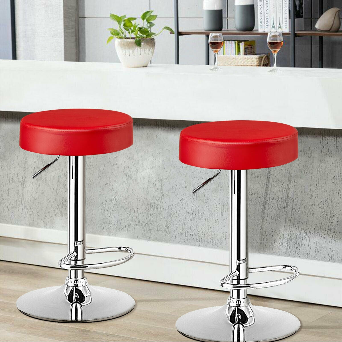 Set of 2 Adjustable Swivel Round Bar Stool  Pub Chairs-Red