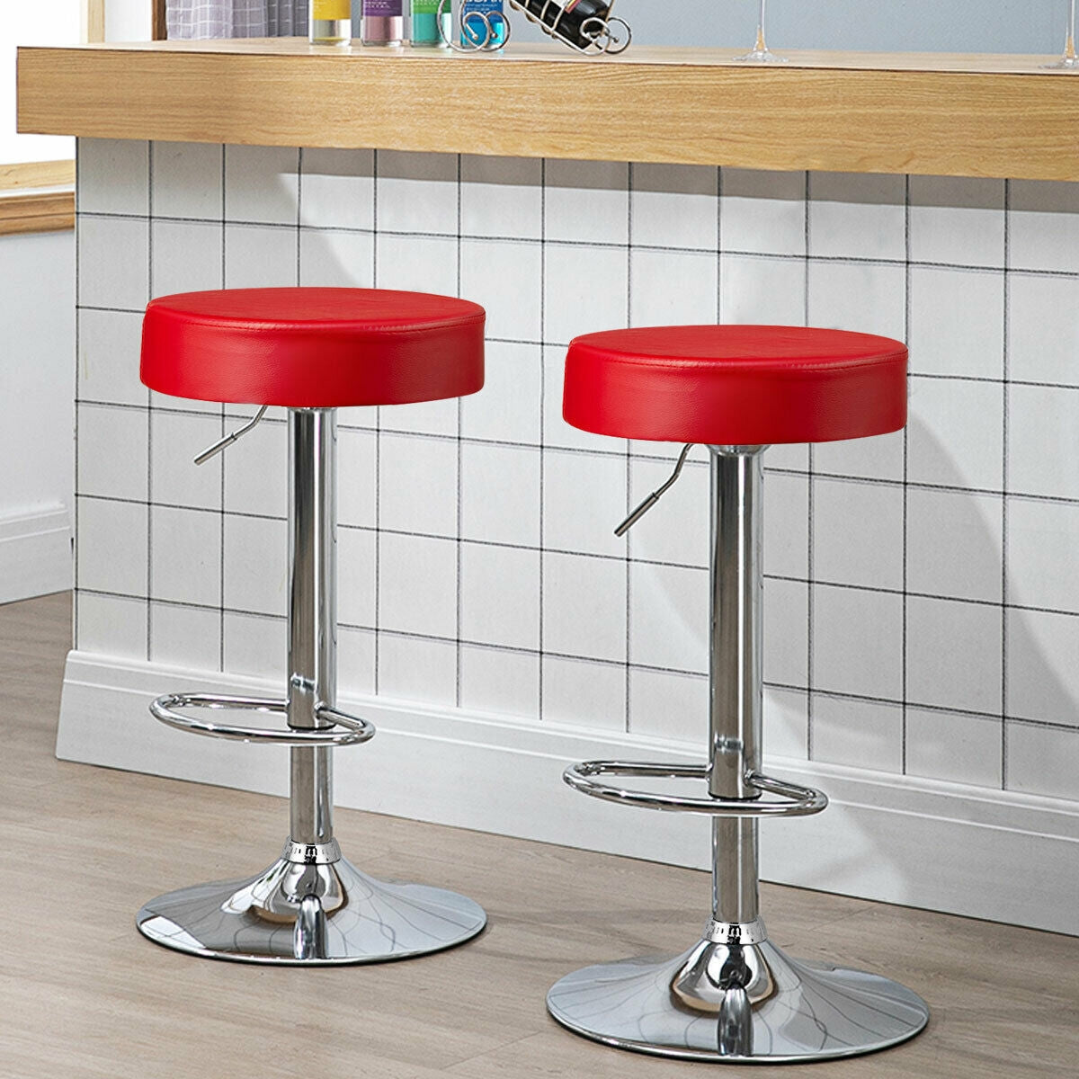 Set of 2 Adjustable Swivel Round Bar Stool  Pub Chairs-Red