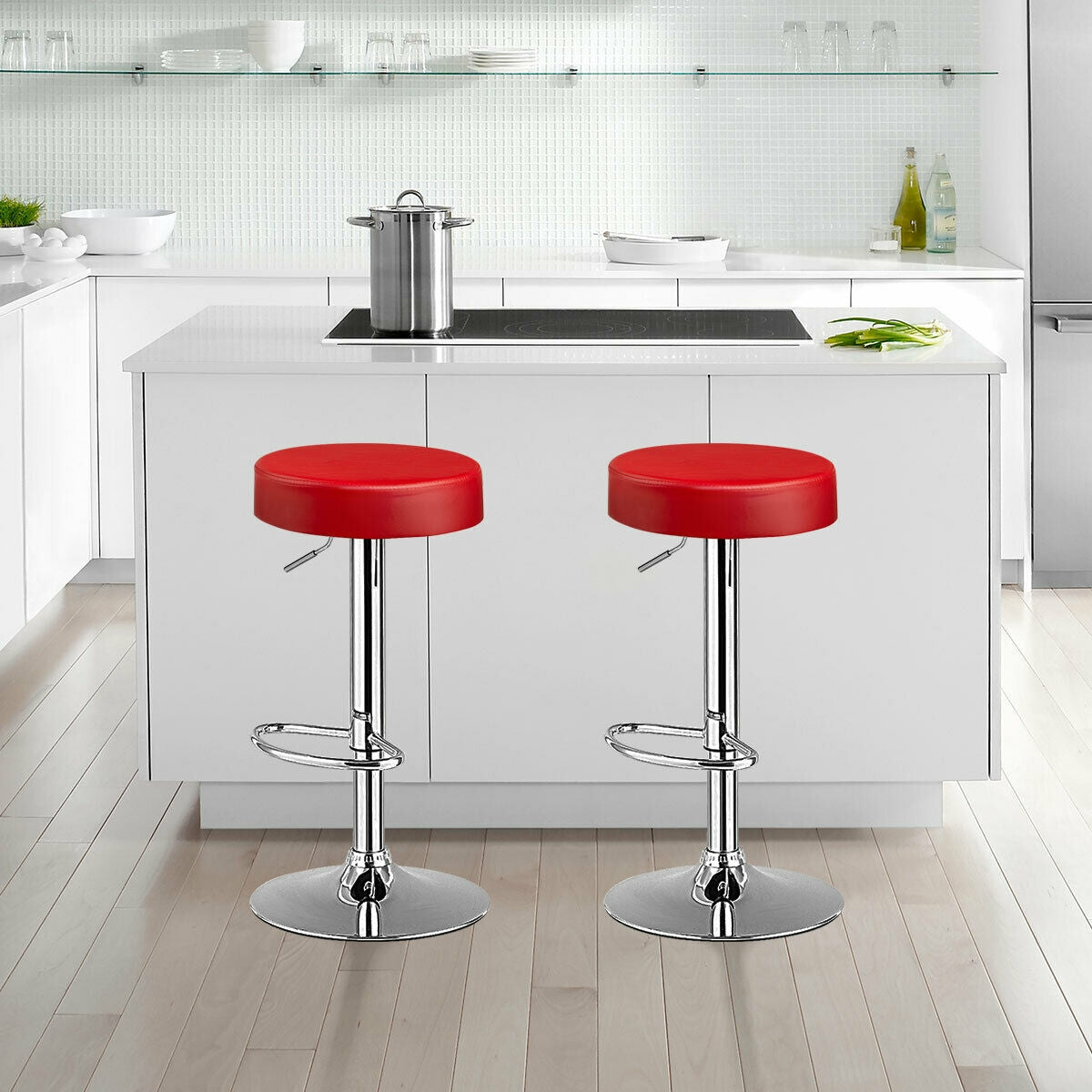 Set of 2 Adjustable Swivel Round Bar Stool  Pub Chairs-Red