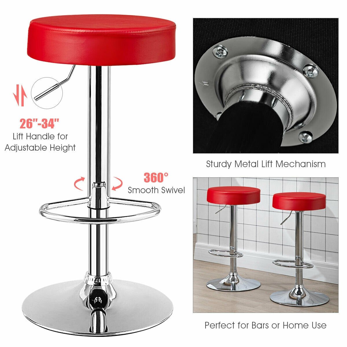 Set of 2 Adjustable Swivel Round Bar Stool  Pub Chairs-Red