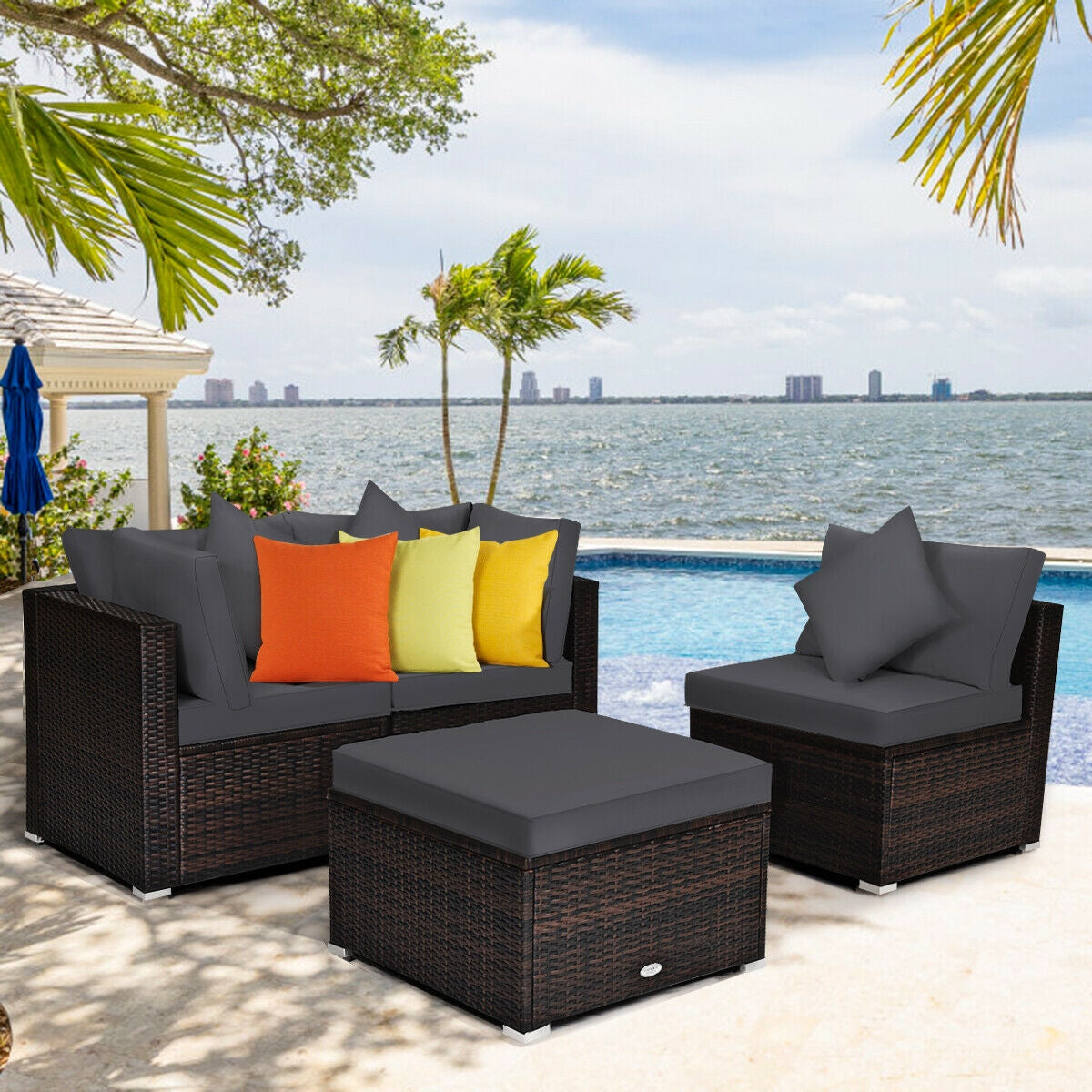 4 Pieces Ottoman Garden Patio Rattan Wicker Furniture Set with Cushion-Gray 