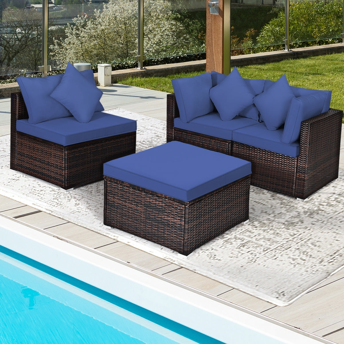 4 Pieces Ottoman Garden Patio Rattan Wicker Furniture Set with Cushion-Navy