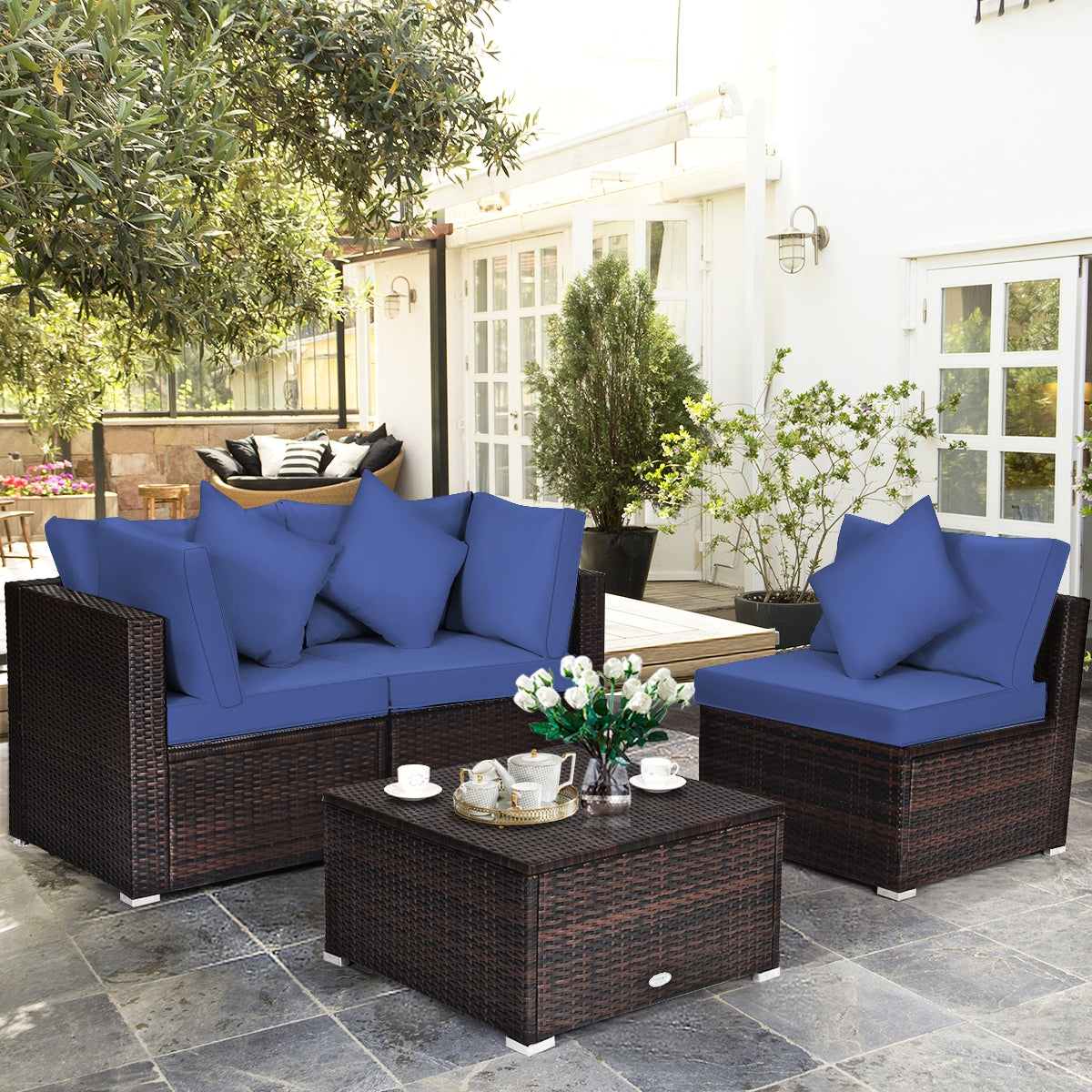 4 Pieces Ottoman Garden Patio Rattan Wicker Furniture Set with Cushion-Navy 