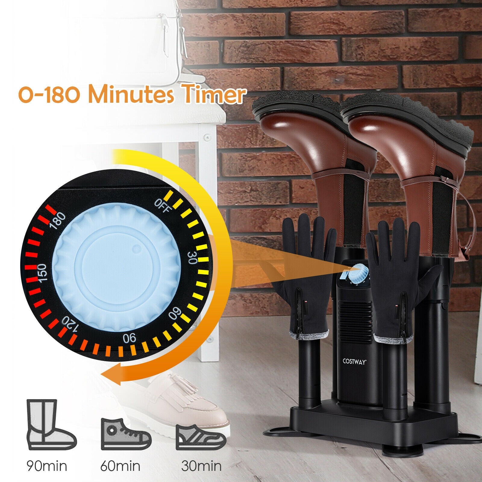 Electric Shoe Boot Dryer 4 Shoes with 180 Mins Timer Ozone Disinfection-Black