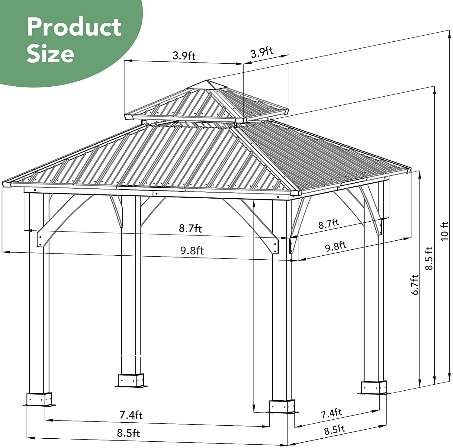 10 x 10 Feet Patio Pine Wood Hardtop Gazebo with Double Steel Roof for Outdoor-Gray