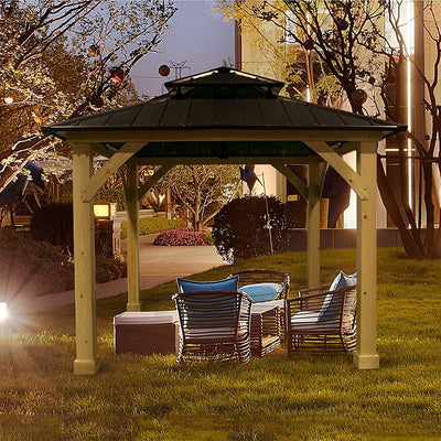 10 x 10 Feet Patio Pine Wood Hardtop Gazebo with Double Steel Roof for Outdoor-Gray 
