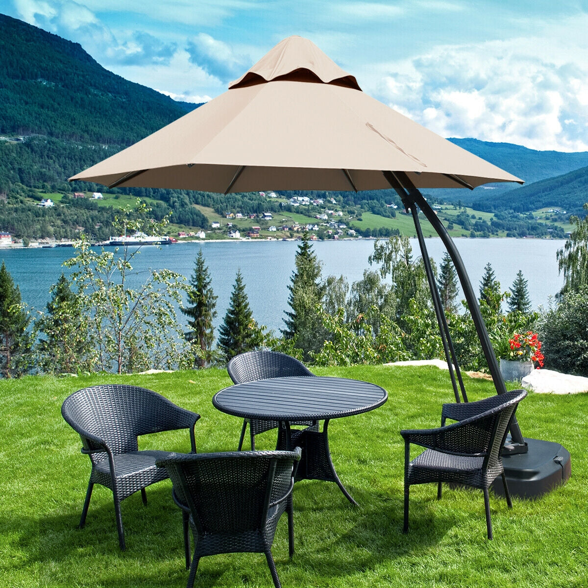 11 Feet Outdoor Cantilever Hanging Umbrella with Base and Wheels-Tan