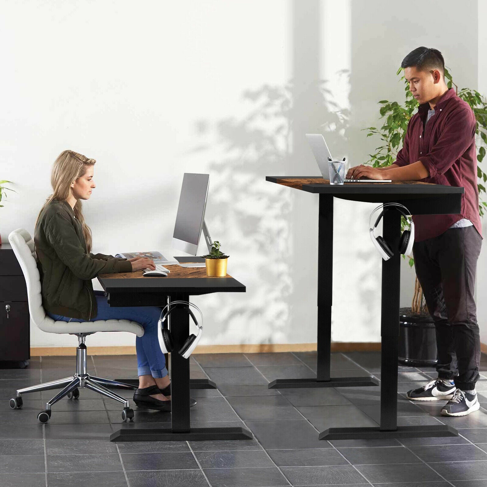 48 Inch Electric Sit to Stand Desk with Keyboard Tray-Rustic Brown 