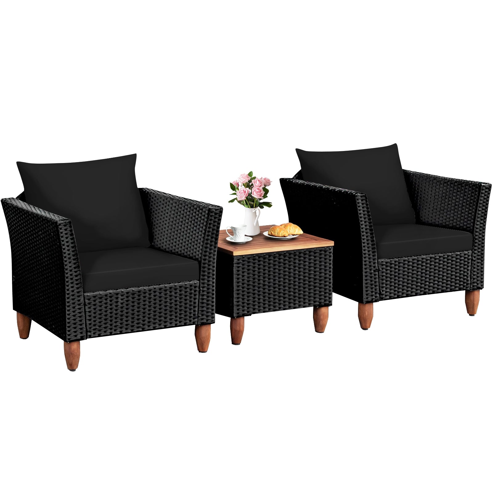 3 Pieces Outdoor Patio Rattan Furniture Set-Black