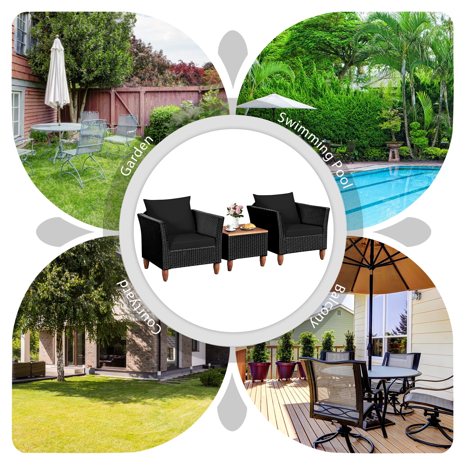 3 Pieces Outdoor Patio Rattan Furniture Set-Black