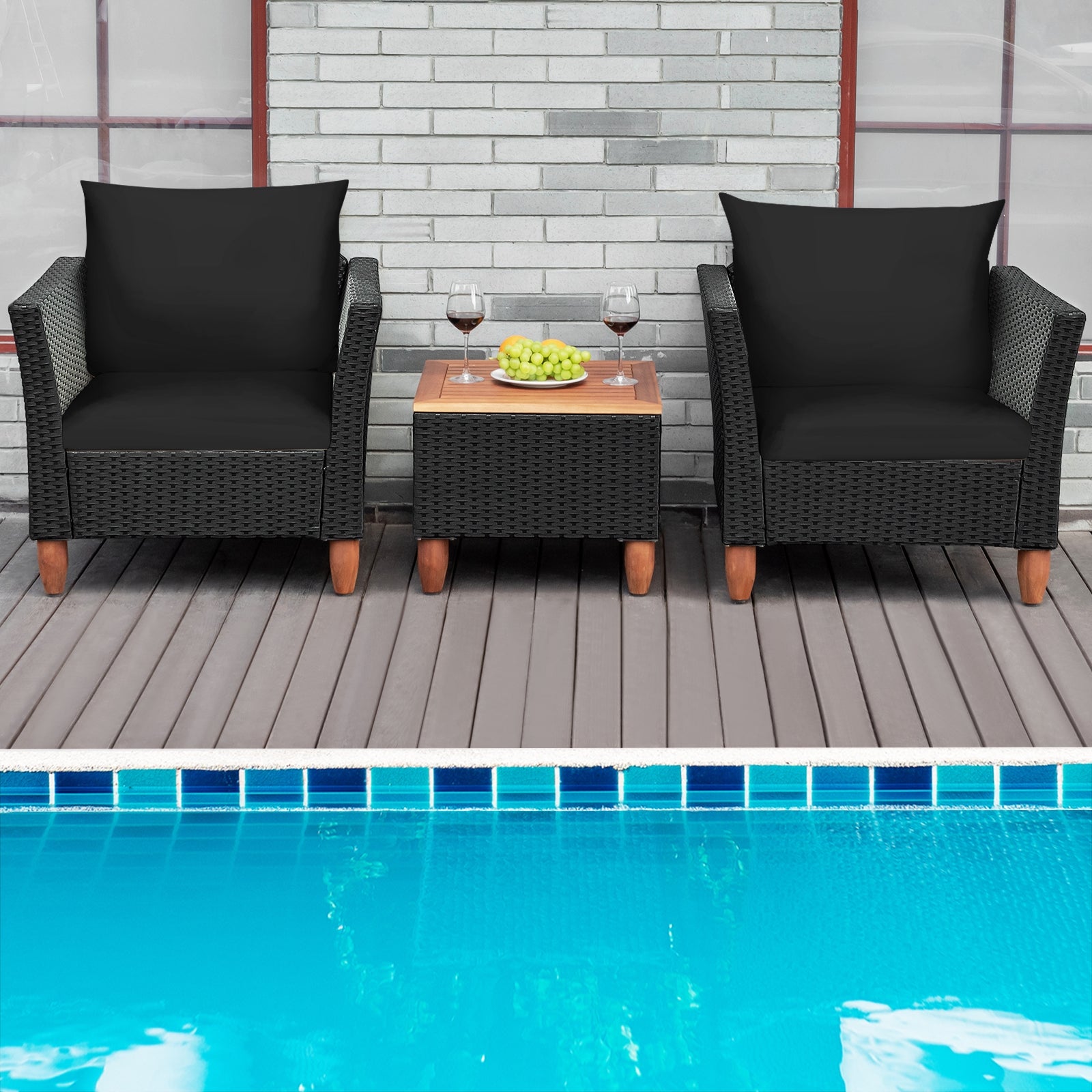 3 Pieces Outdoor Patio Rattan Furniture Set-Black