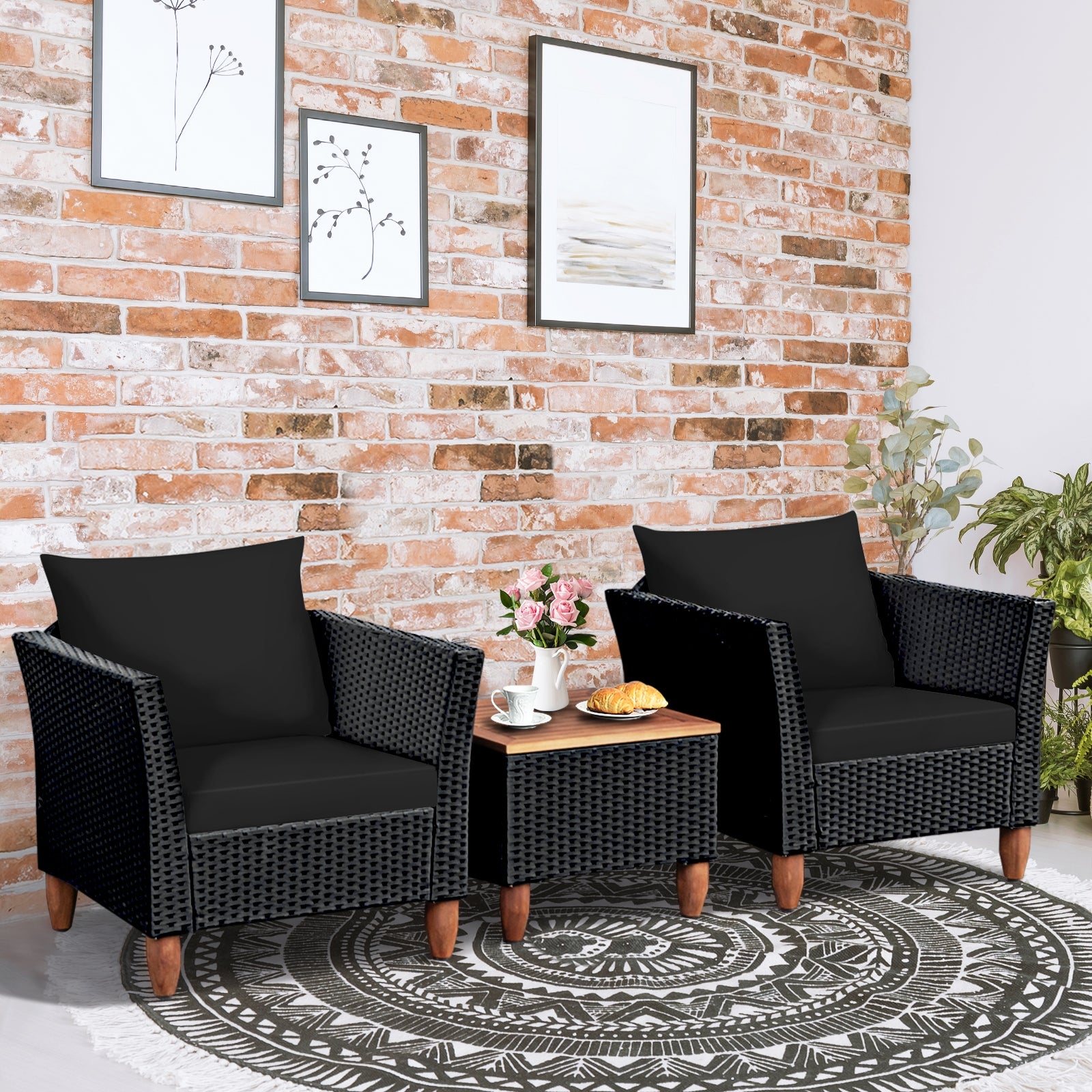 3 Pieces Outdoor Patio Rattan Furniture Set-Black