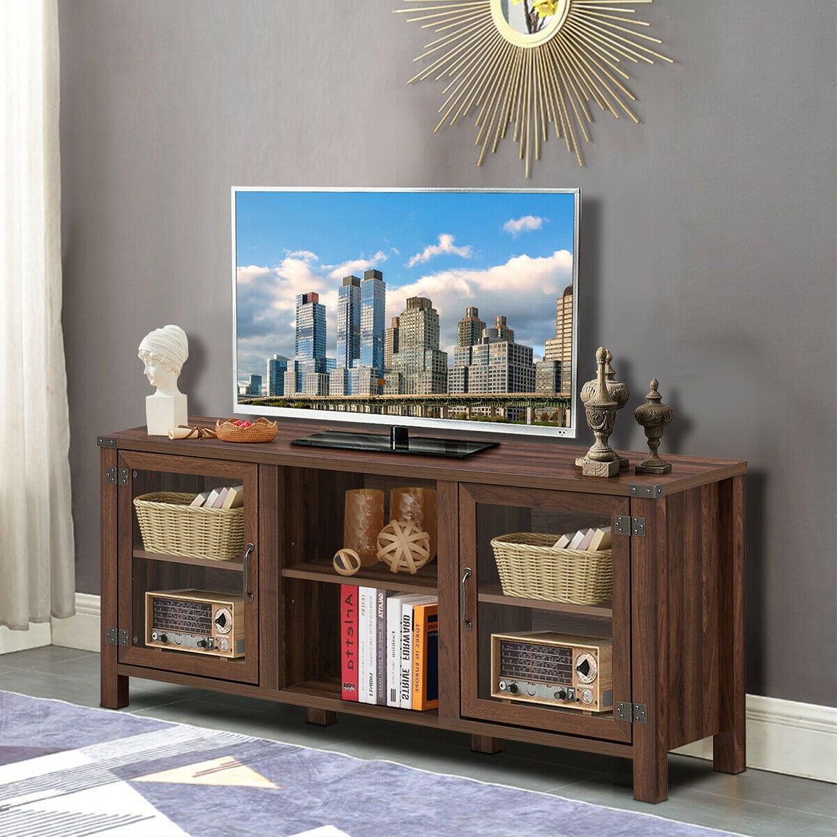 TV Stand Entertainment Center for TV's with Storage Cabinets-Walnut