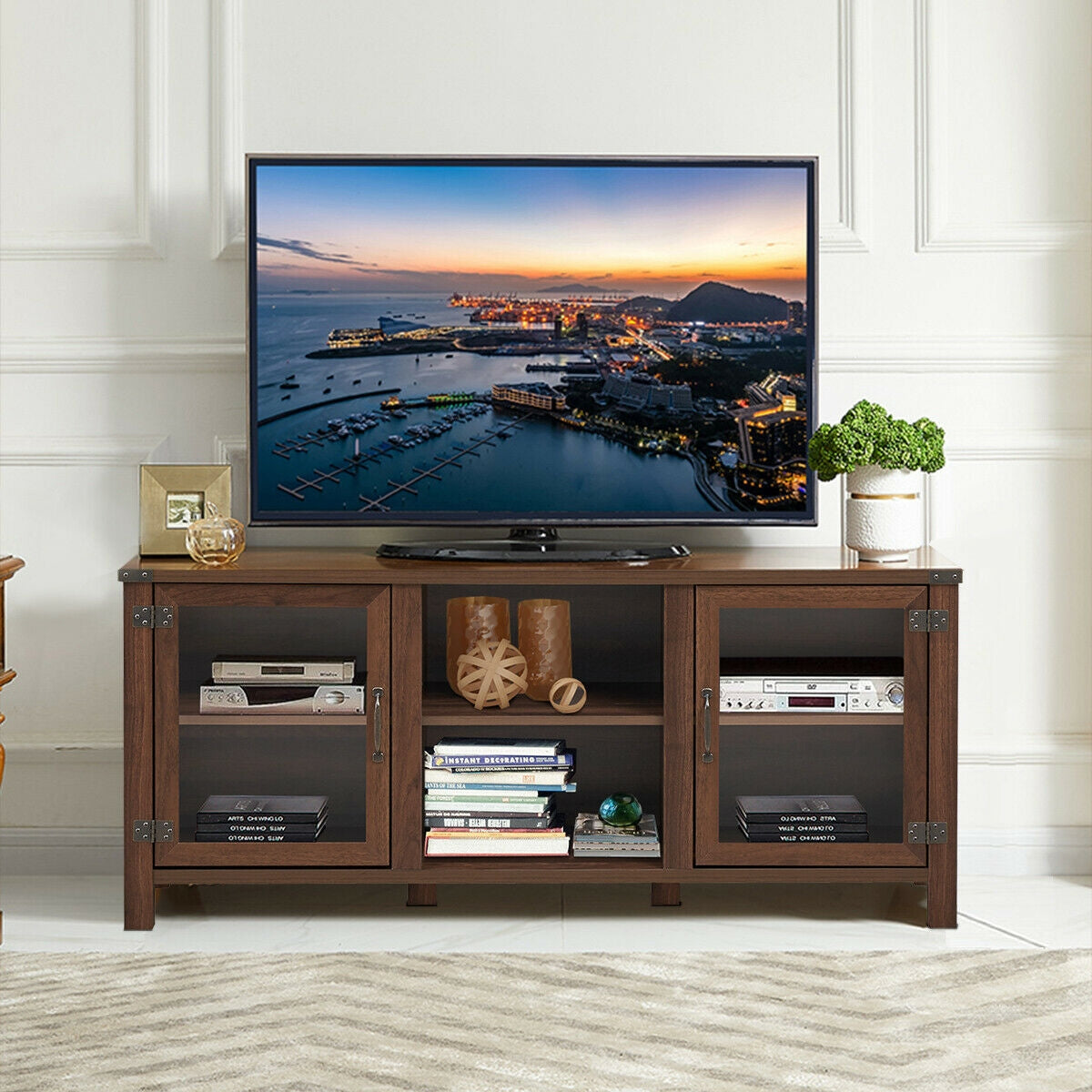 TV Stand Entertainment Center for TV's with Storage Cabinets-Walnut