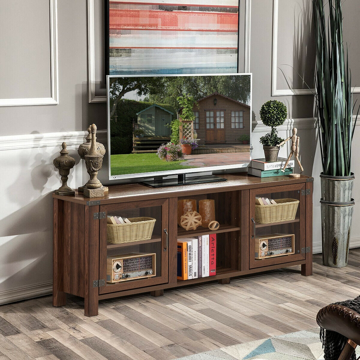 TV Stand Entertainment Center for TV's with Storage Cabinets-Walnut