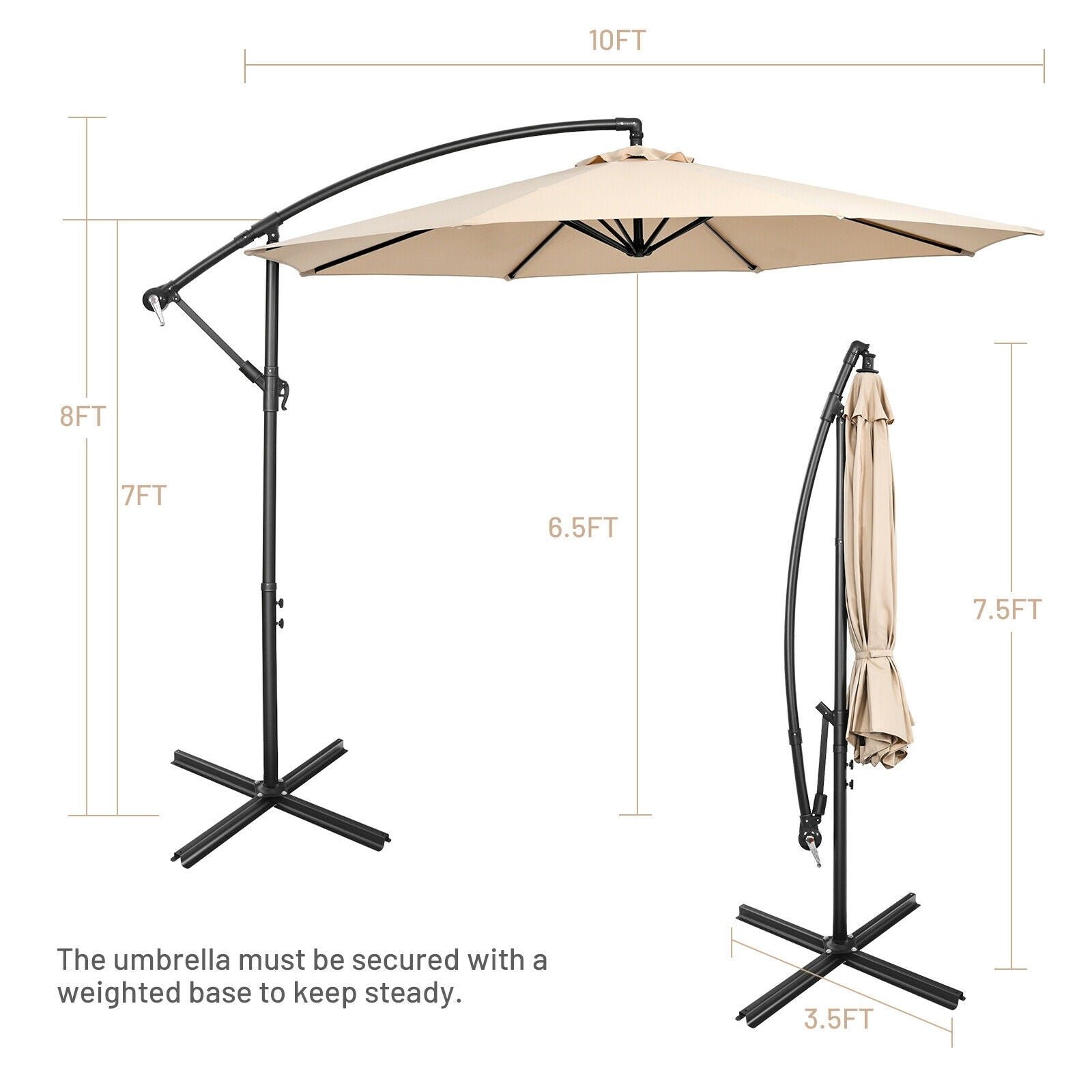 10FT Offset Umbrella with 8 Ribs Cantilever and Cross Base Tilt Adjustment-Beige