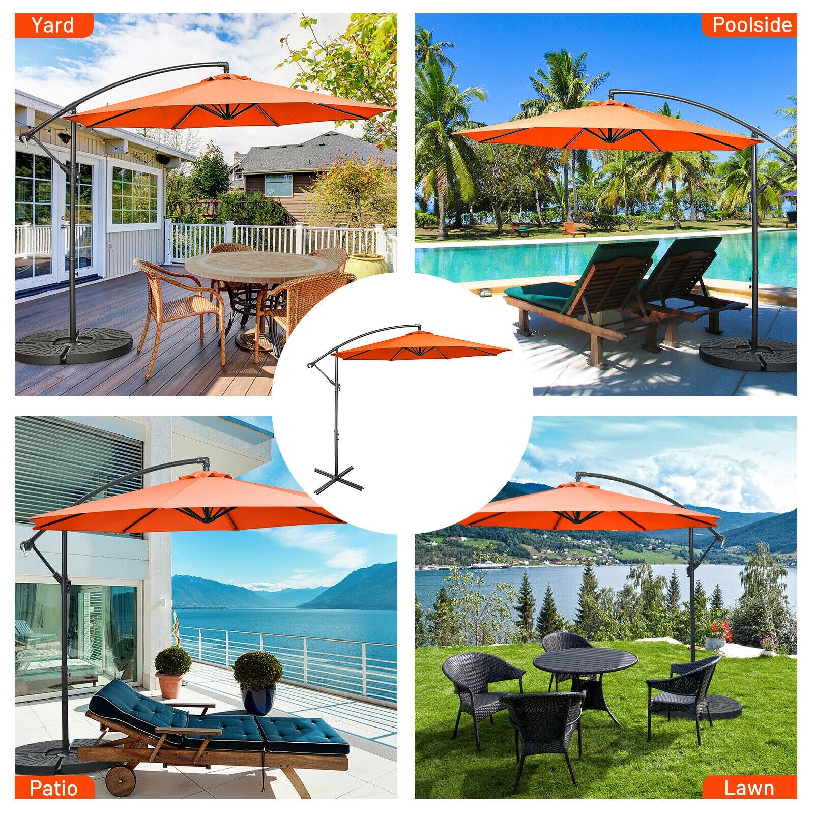 10FT Offset Umbrella with 8 Ribs Cantilever and Cross Base Tilt Adjustment-Orange