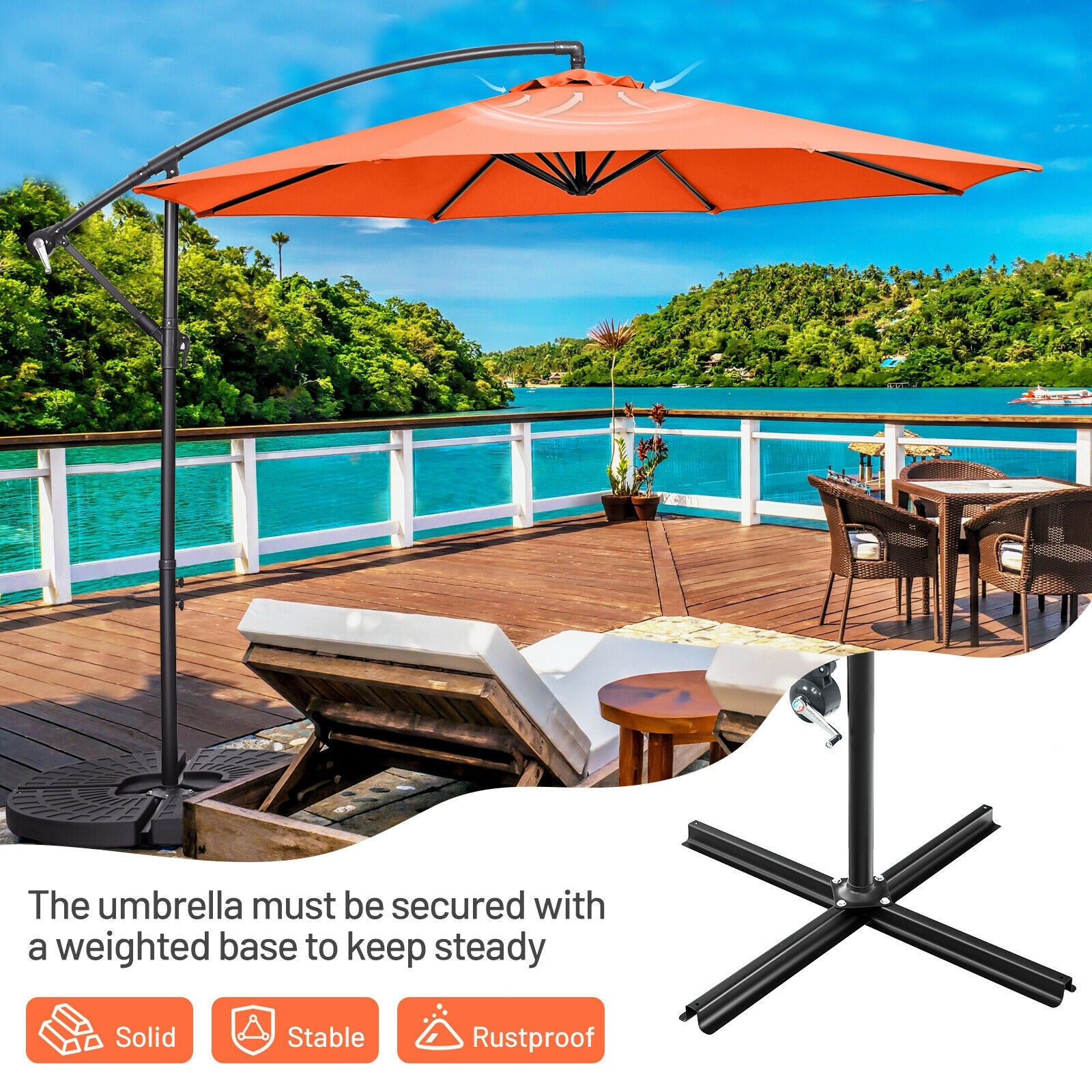 10FT Offset Umbrella with 8 Ribs Cantilever and Cross Base Tilt Adjustment-Orange