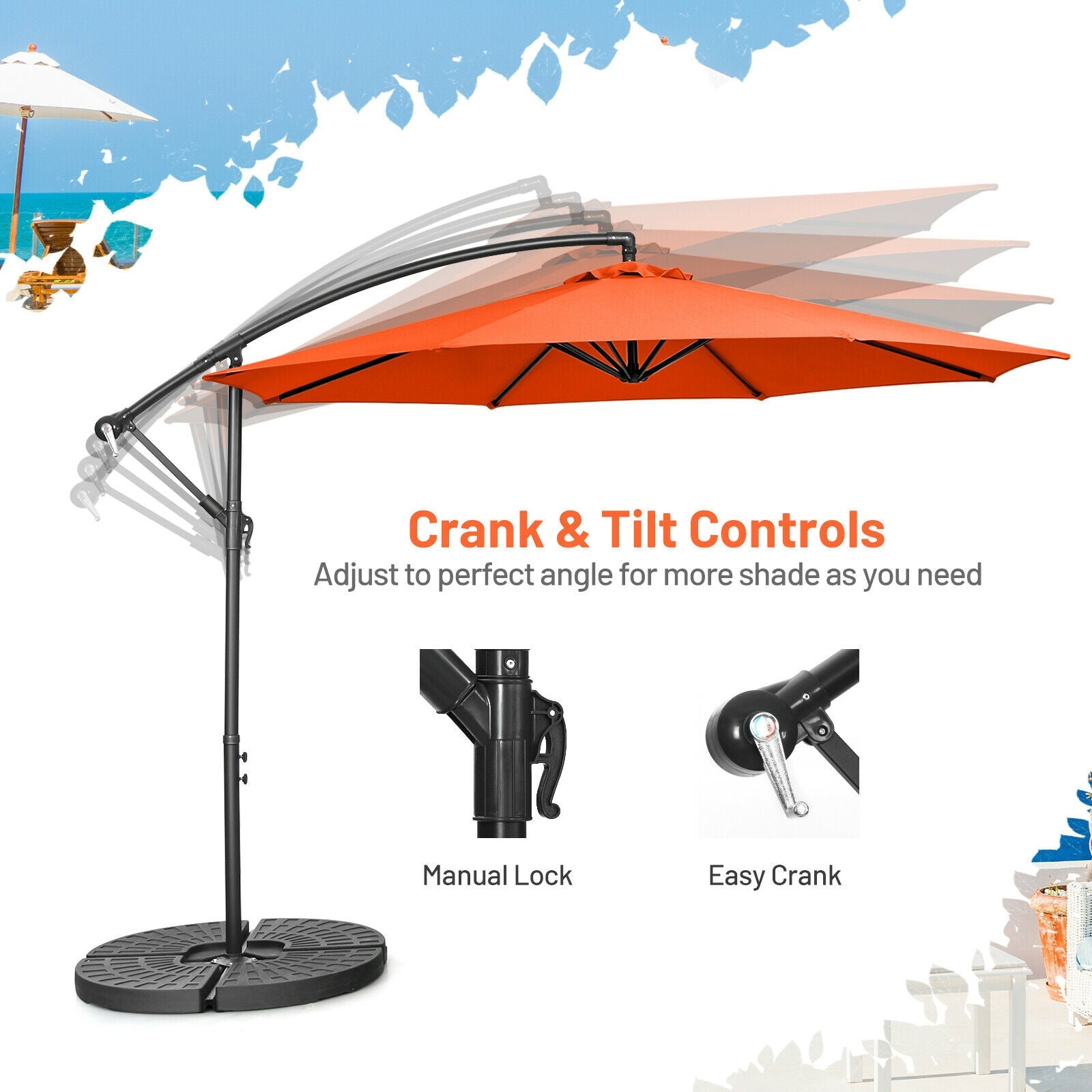 10FT Offset Umbrella with 8 Ribs Cantilever and Cross Base Tilt Adjustment-Orange