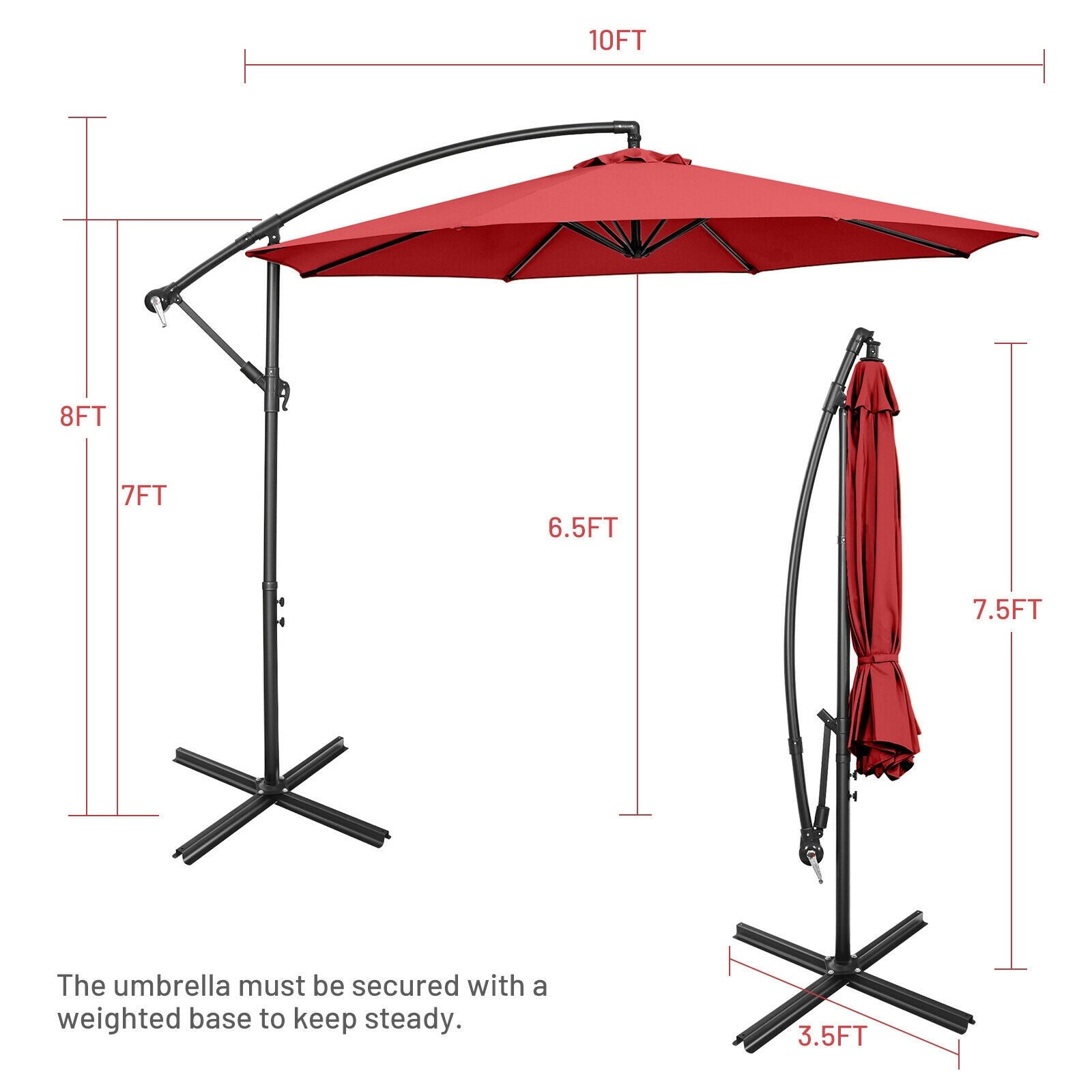 10FT Offset Umbrella with 8 Ribs Cantilever and Cross Base Tilt Adjustment-Red