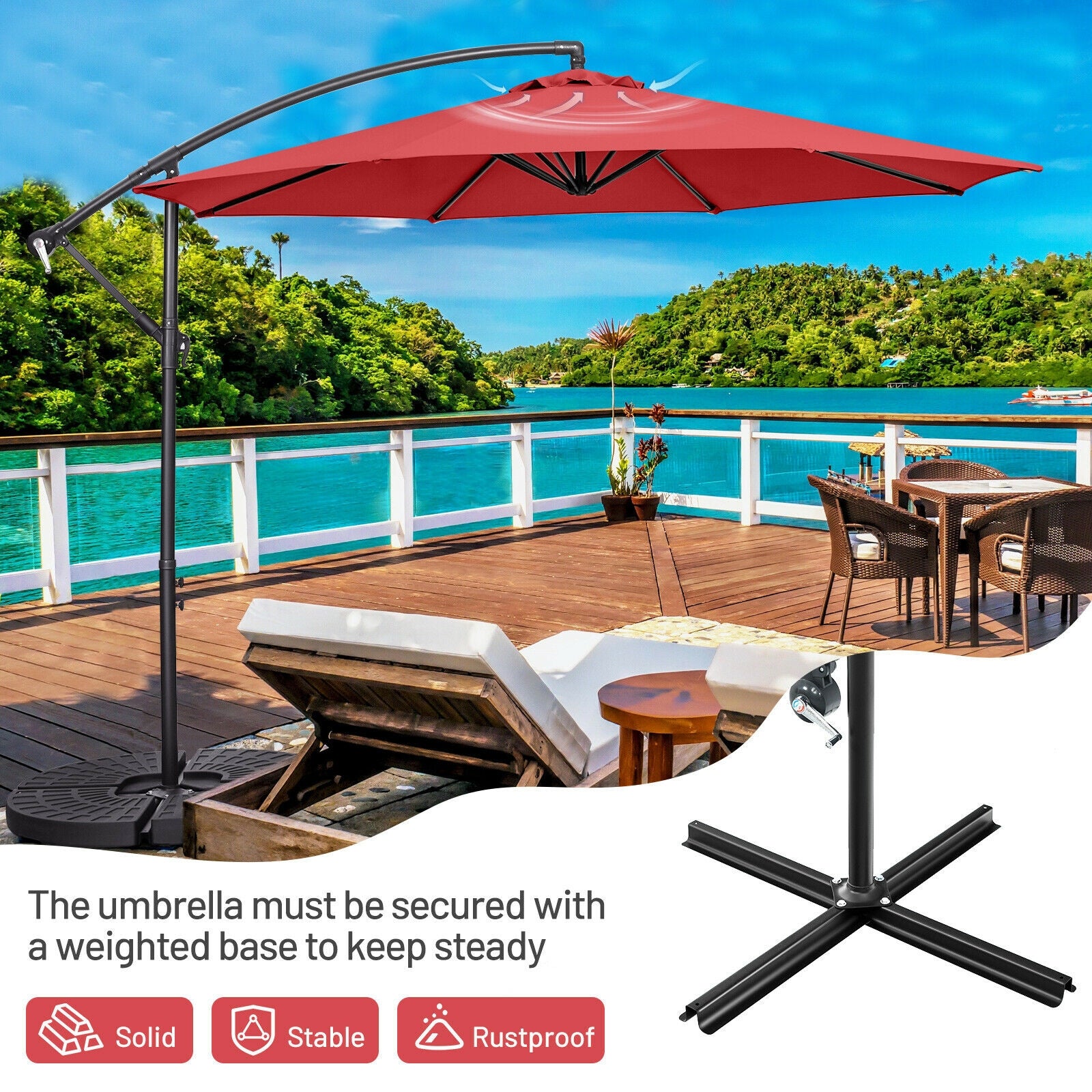 10FT Offset Umbrella with 8 Ribs Cantilever and Cross Base Tilt Adjustment-Red