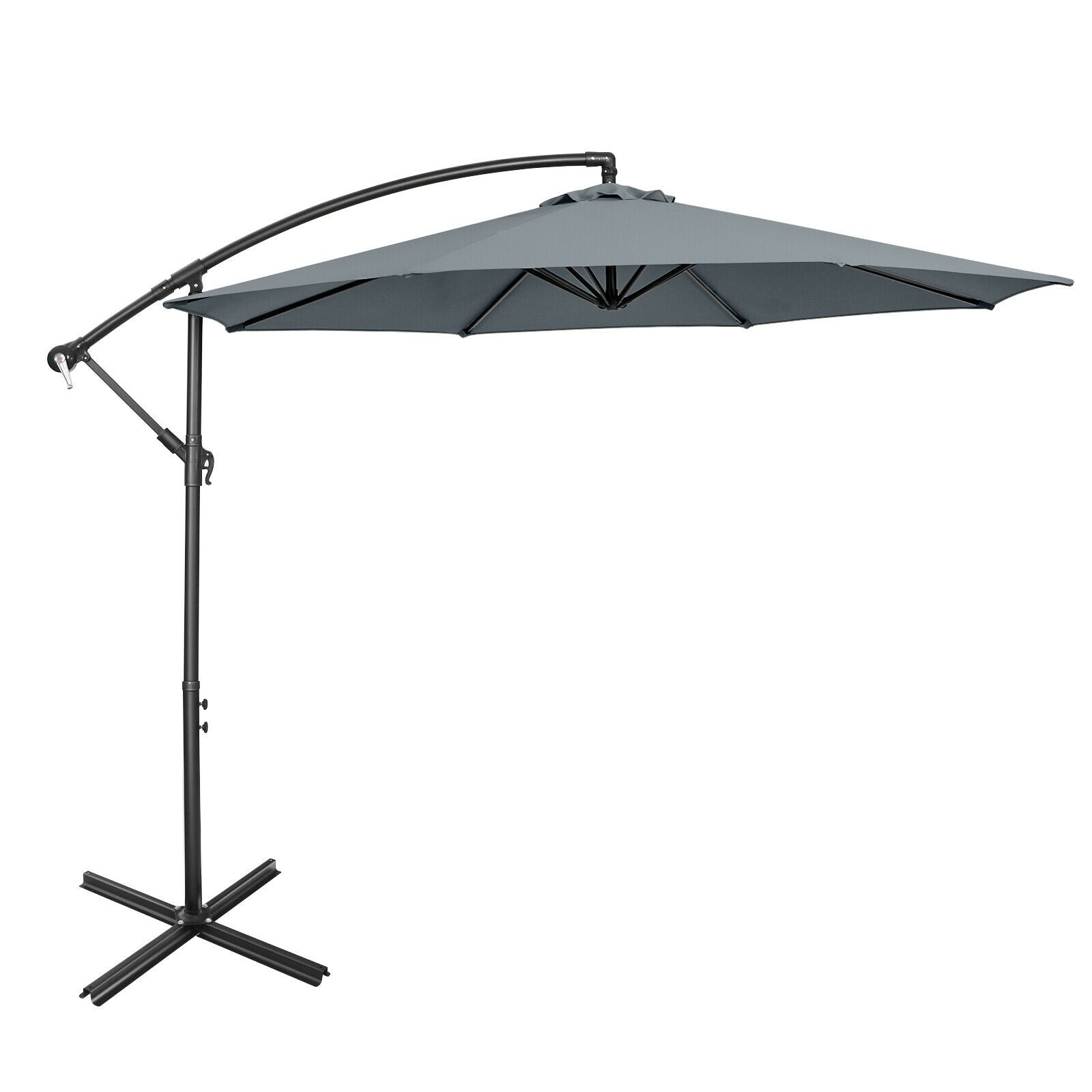 10FT Offset Umbrella with 8 Ribs Cantilever and Cross Base Tilt Adjustment-Gray