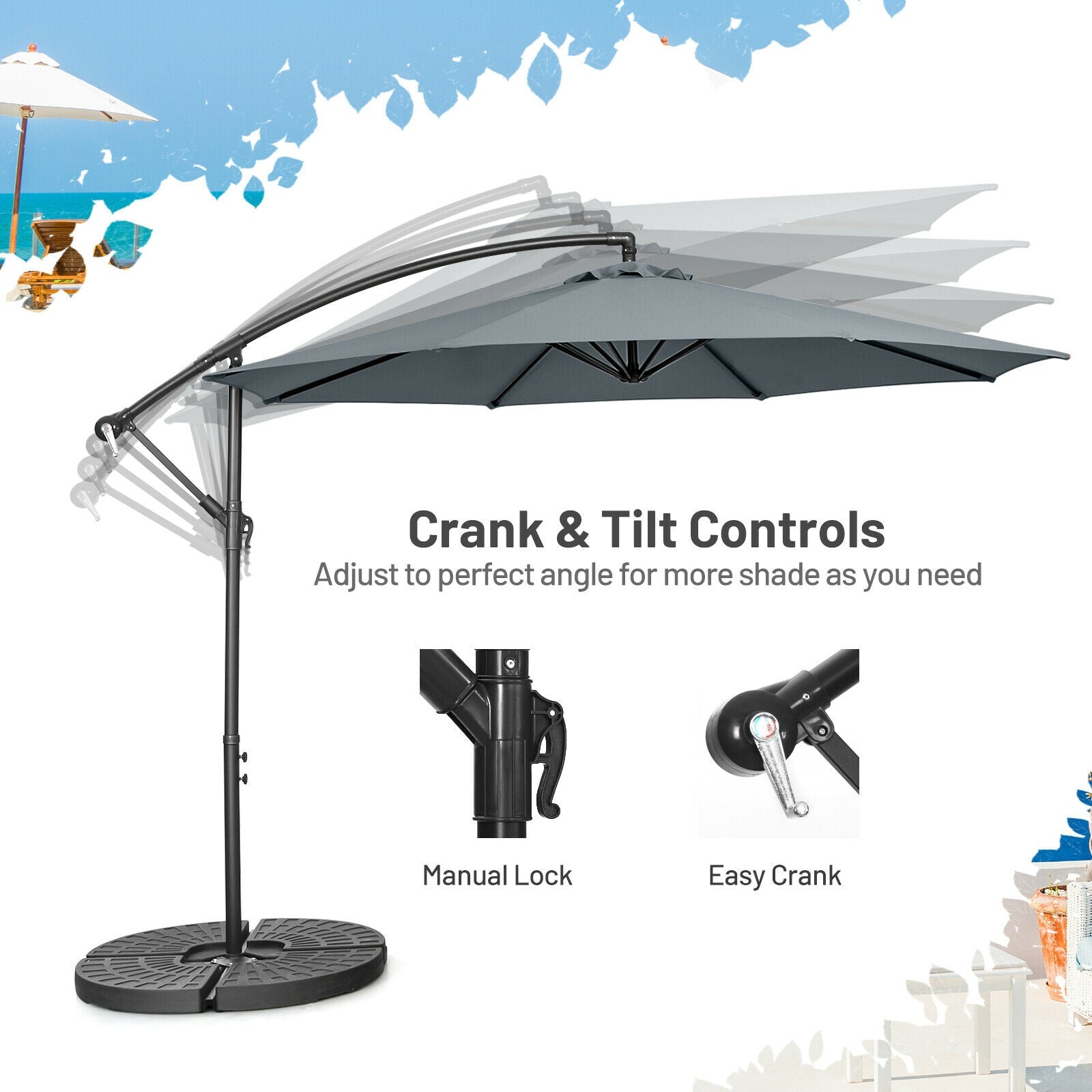 10FT Offset Umbrella with 8 Ribs Cantilever and Cross Base Tilt Adjustment-Gray