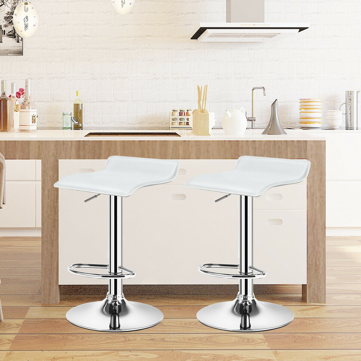 Set of 2 Adjustable PU Leather Backless Bar Stools-White 