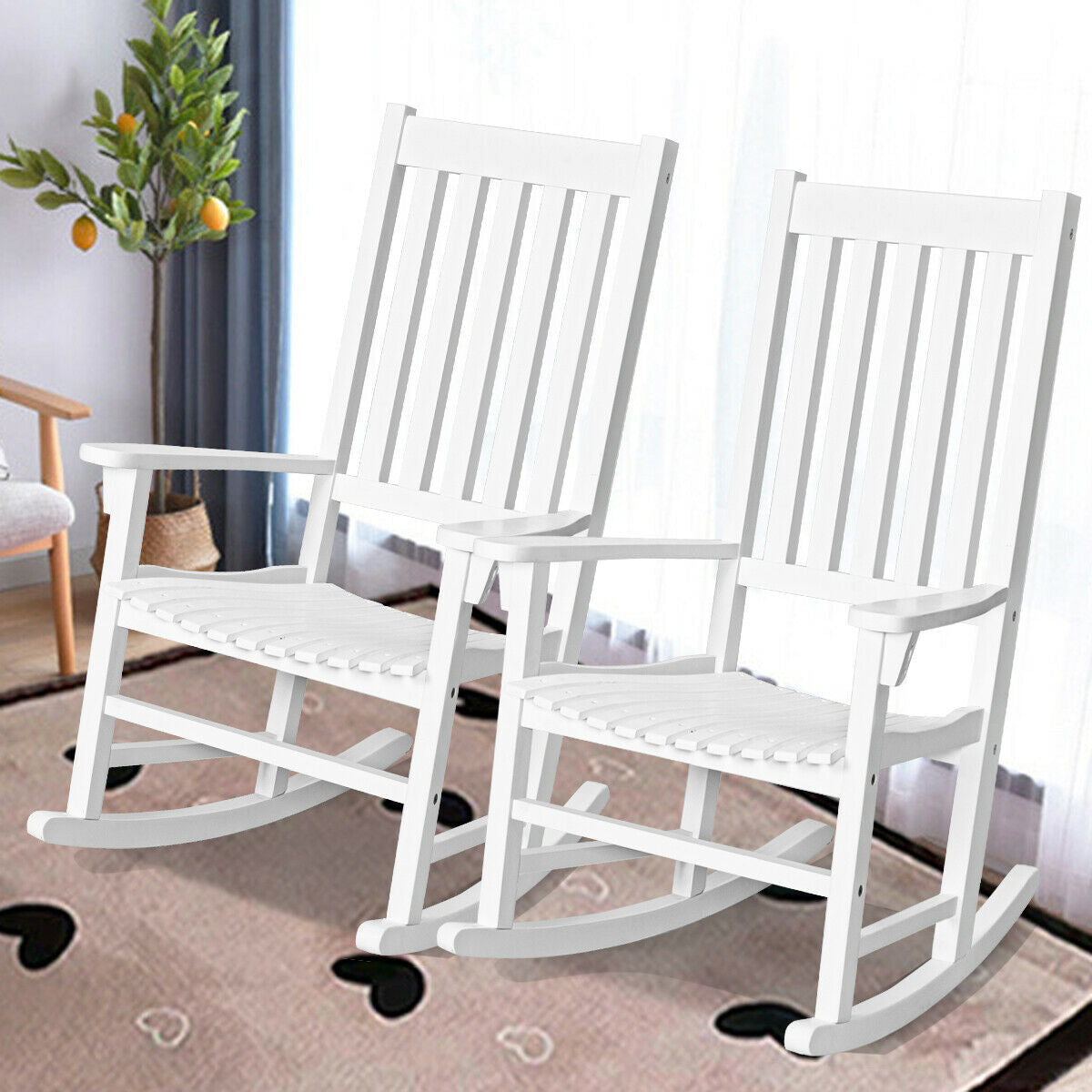 Indoor Outdoor Wooden High Back Rocking Chair-White 