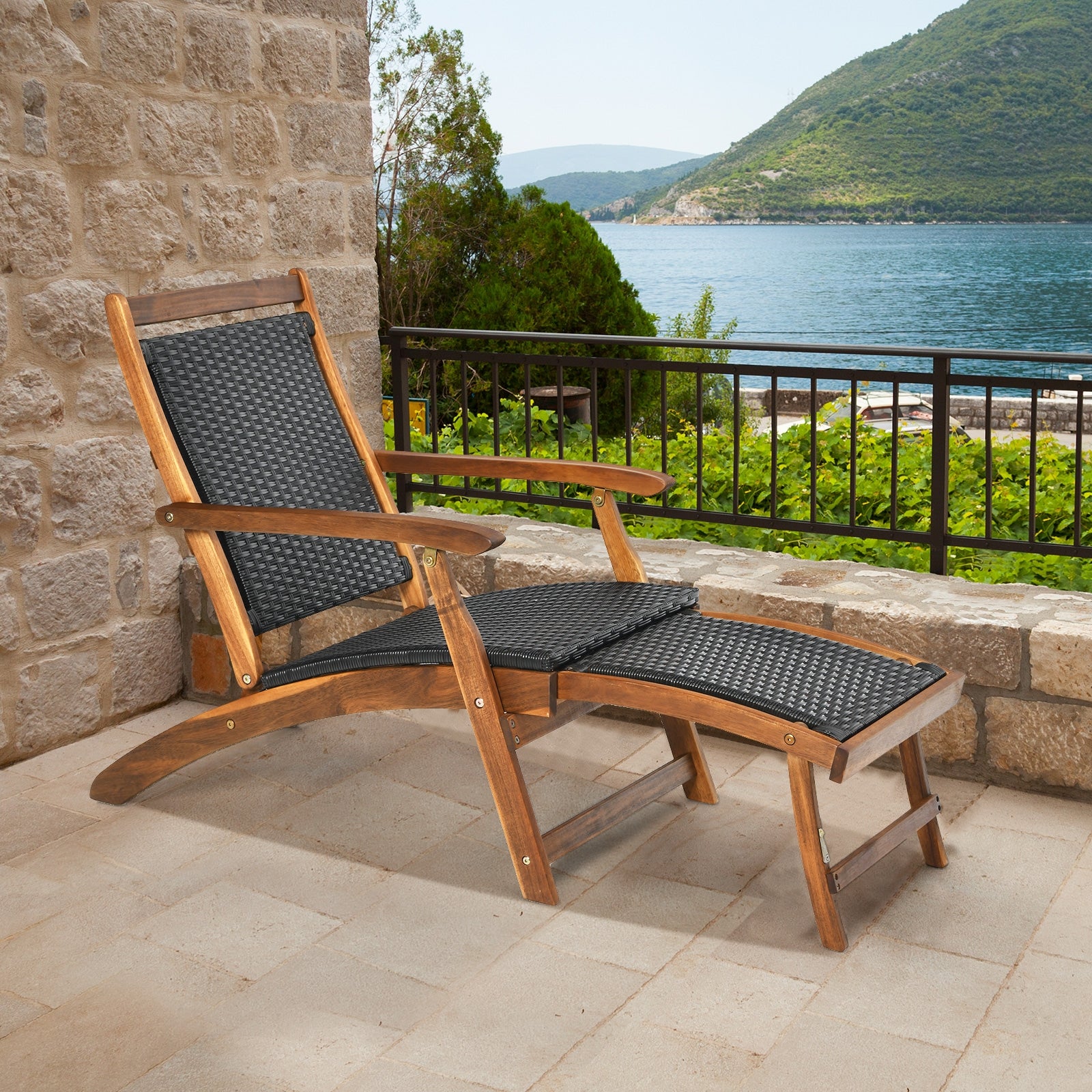 Patio Rattan Folding Lounge Chair with Acacia Wooden Frame Retractable Footrest