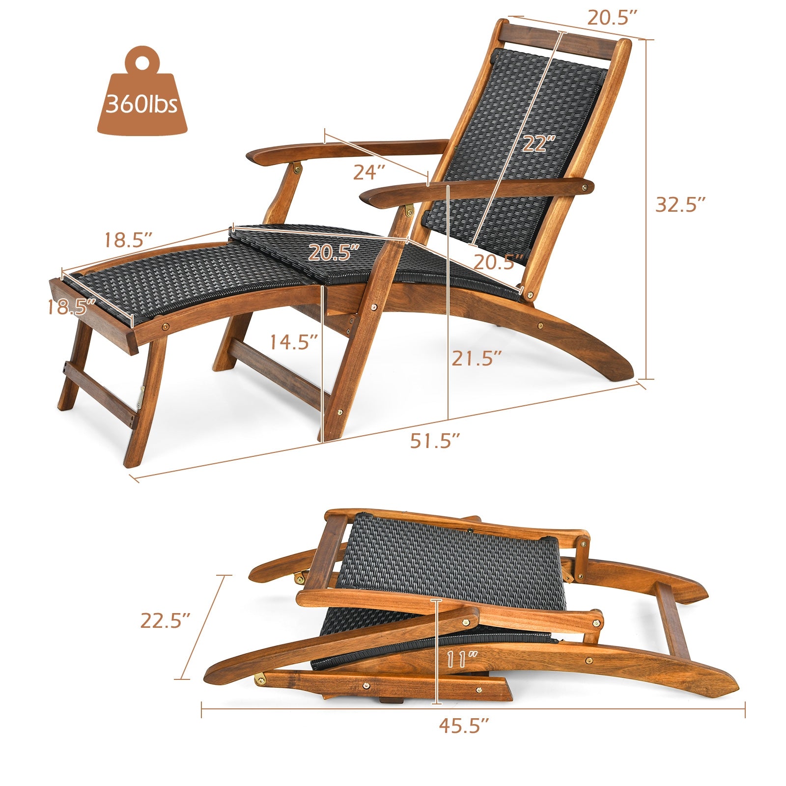 Patio Rattan Folding Lounge Chair with Acacia Wooden Frame Retractable Footrest