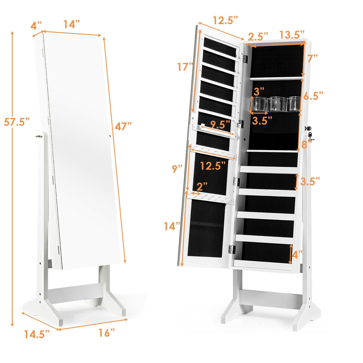 Standing Jewelry Armoire Cabinet with Full Length Mirror-White