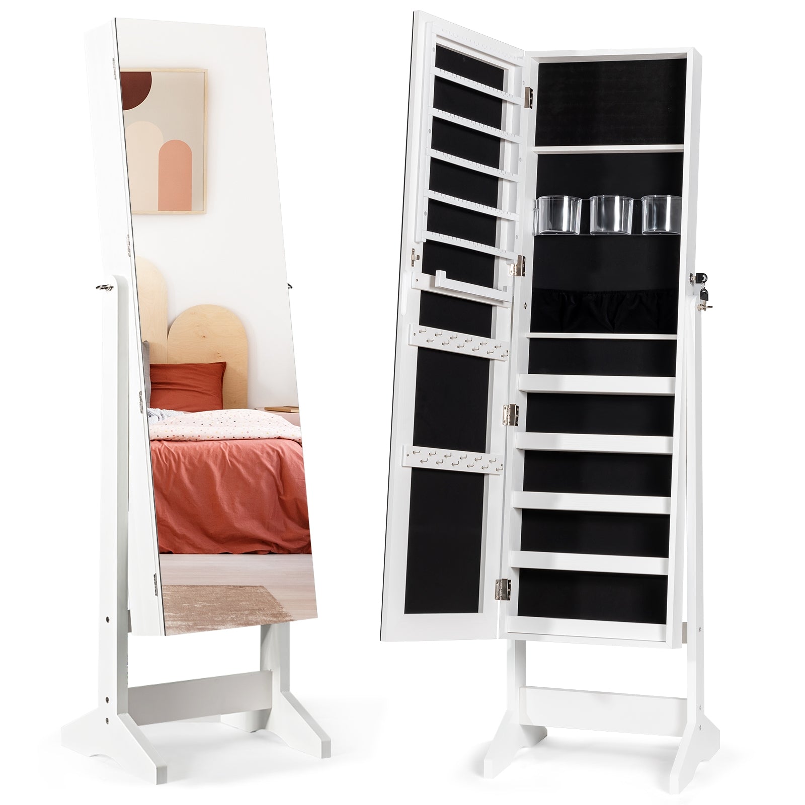 Standing Jewelry Armoire Cabinet with Full Length Mirror-White