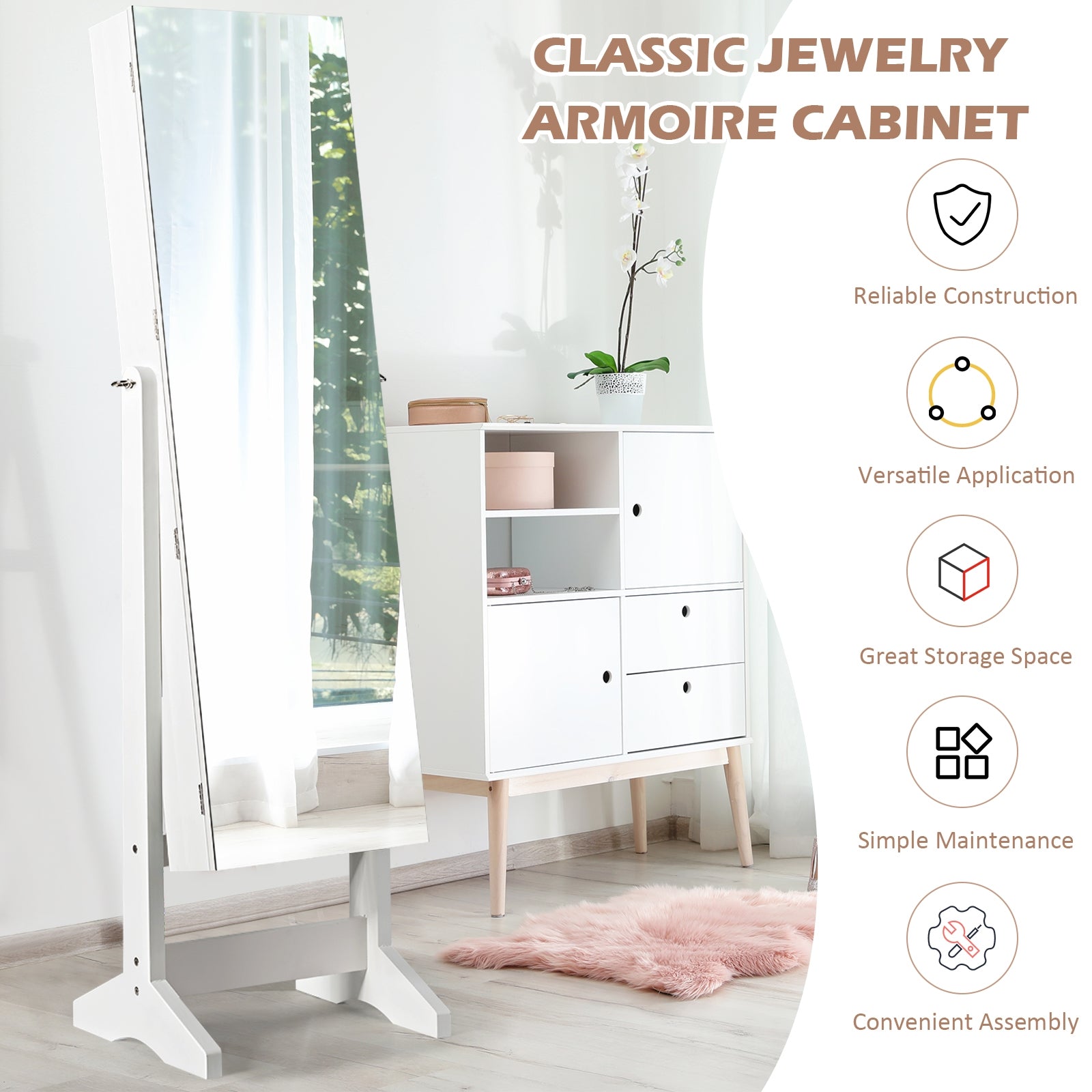 Standing Jewelry Armoire Cabinet with Full Length Mirror-White