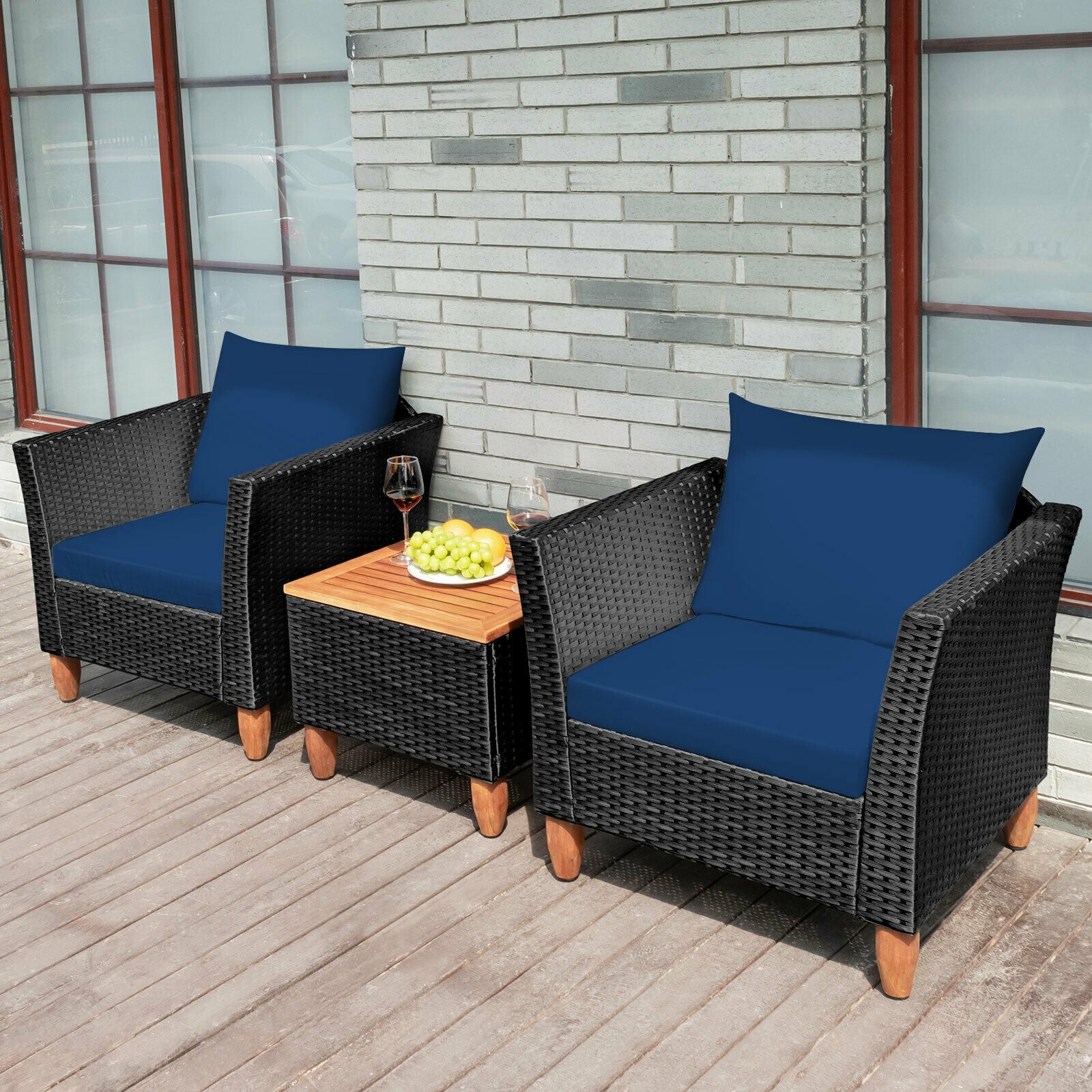 3 Pieces Outdoor Patio Rattan Furniture Set-Navy