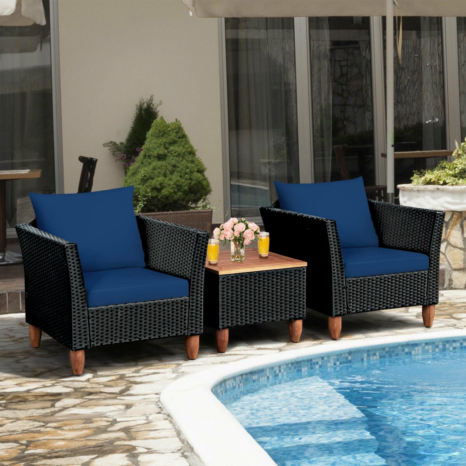 3 Pieces Outdoor Patio Rattan Furniture Set-Navy 