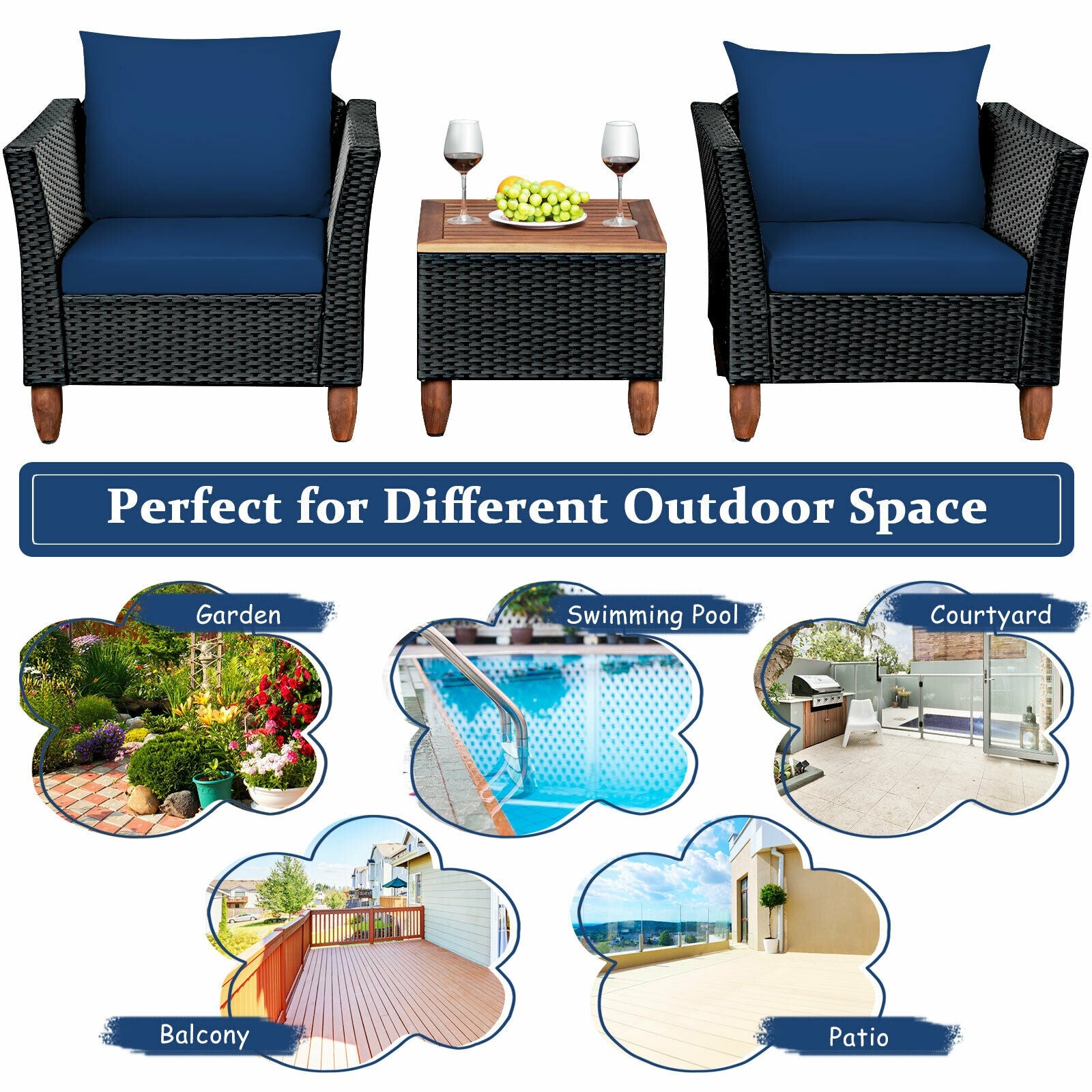 3 Pieces Outdoor Patio Rattan Furniture Set-Navy