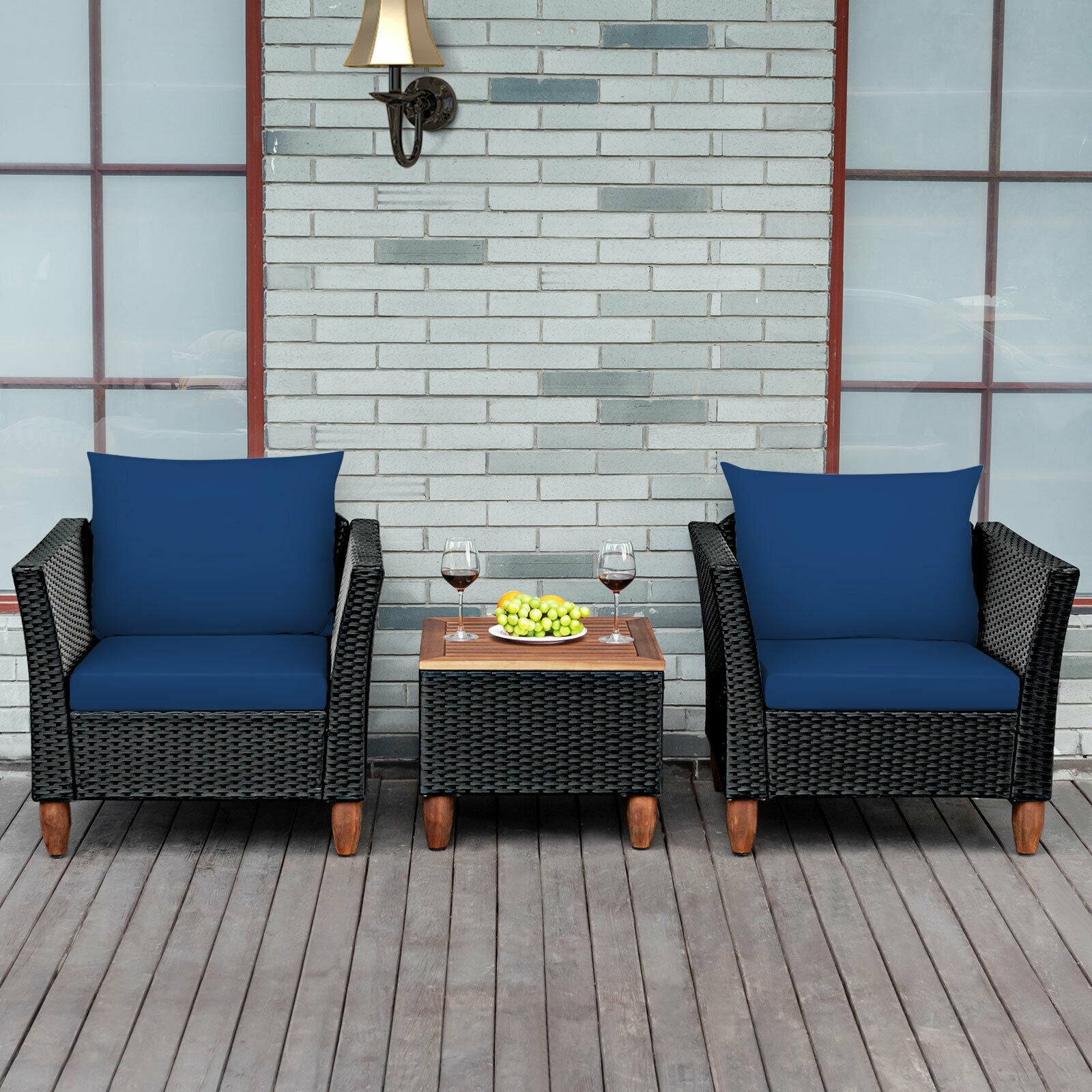 3 Pieces Outdoor Patio Rattan Furniture Set-Navy