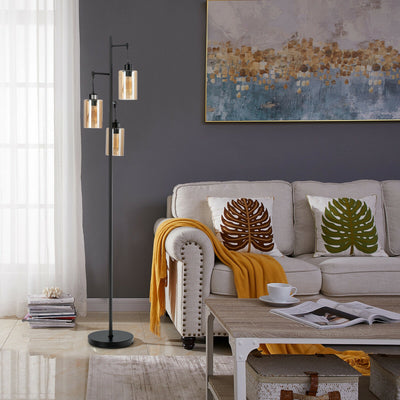 Retro Floor Lamp with 3-Head Hanging Amber Glass Shade 