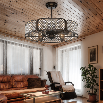 30 Inch Caged Ceiling Fan With Light Crystal Lampshade 6 Light Bases-Coffee 