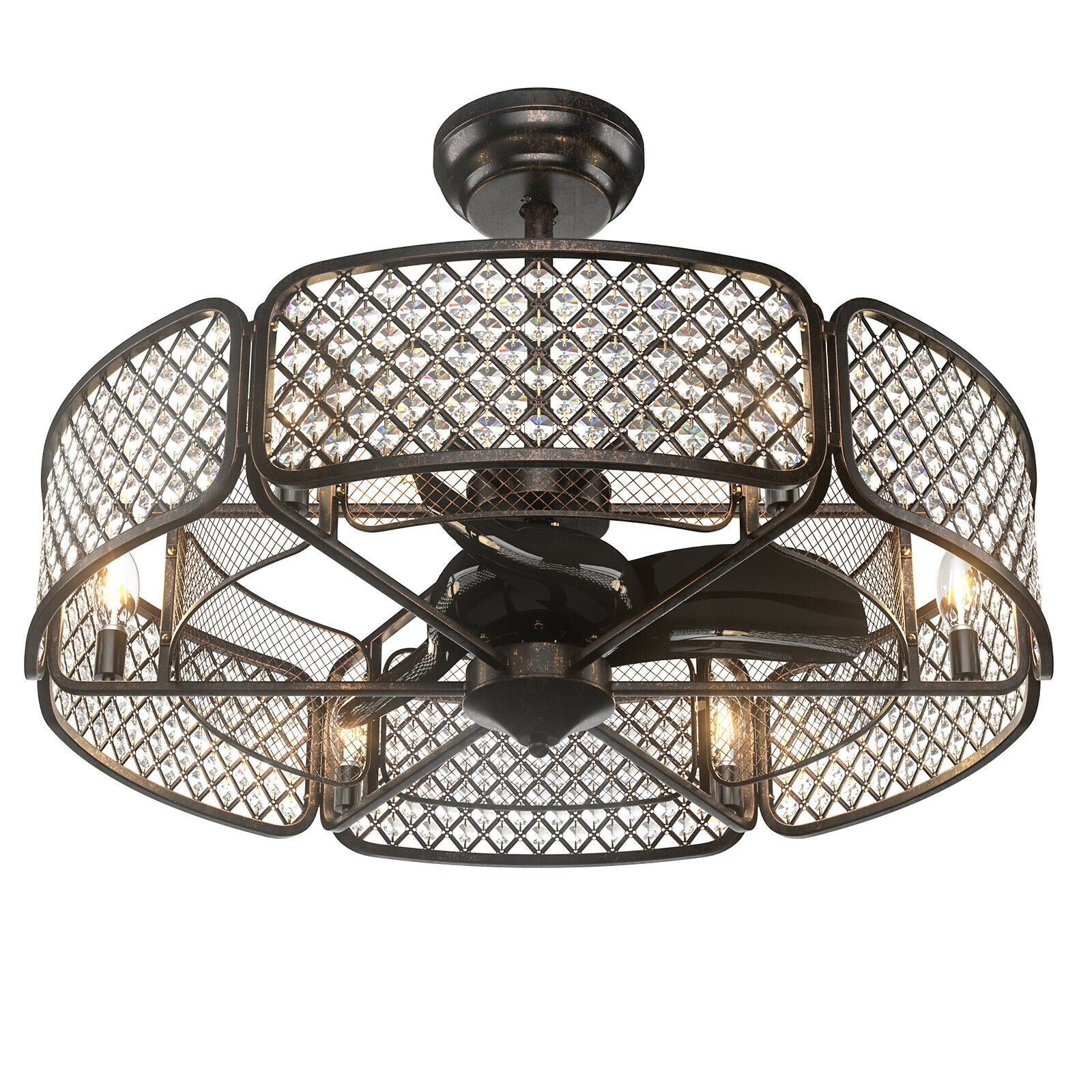 30 Inch Caged Ceiling Fan With Light Crystal Lampshade 6 Light Bases-Coffee