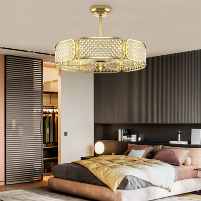 30 Inch Caged Ceiling Fan With Light Crystal Lampshade 6 Light Bases-Golden 