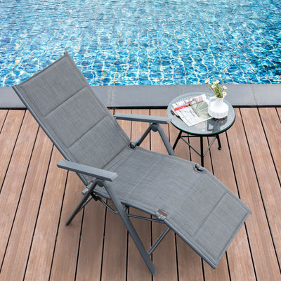 Aluminum Frame Adjustable Outdoor Foldable Reclining Padded Chair-Gray 