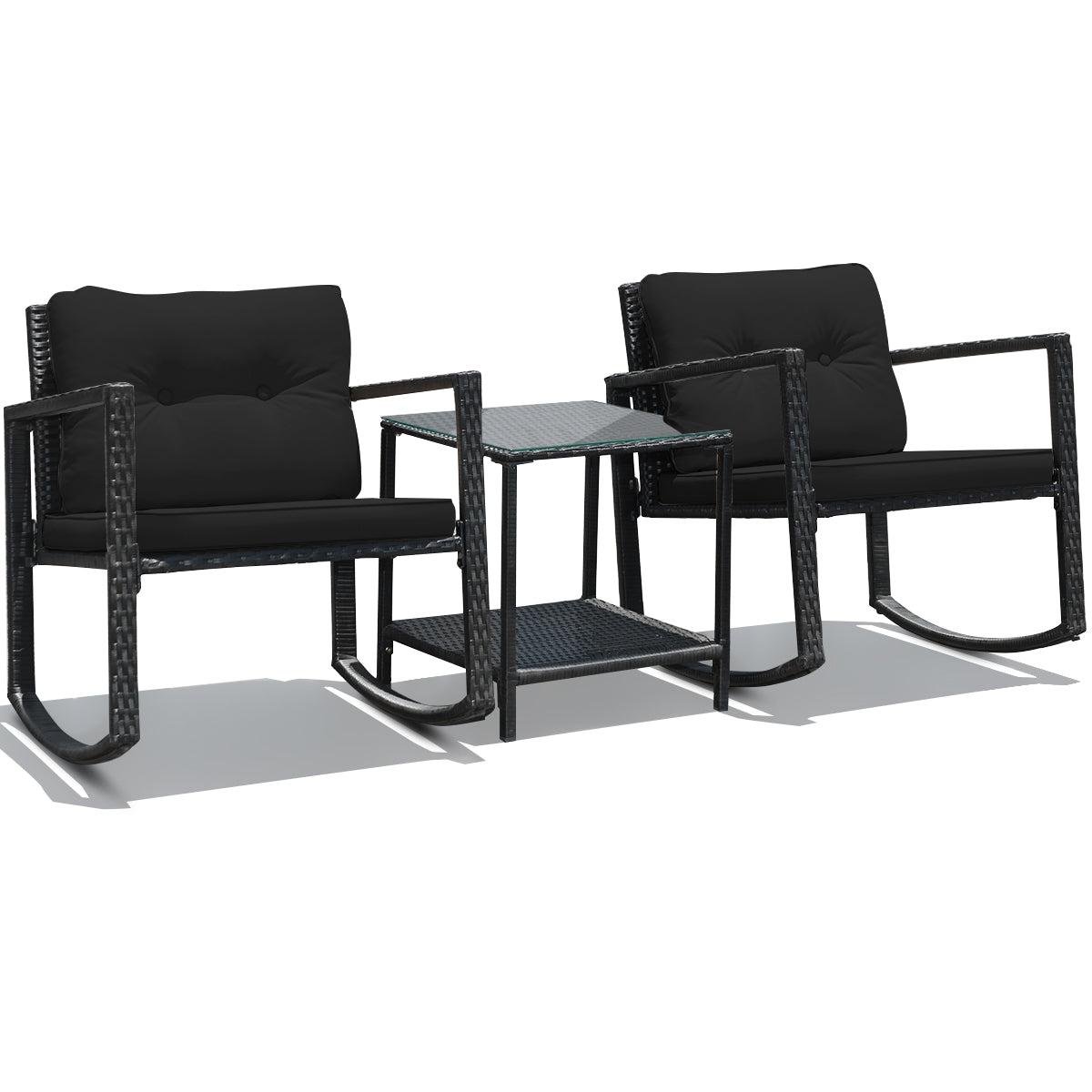 3 Pieces Cushioned Patio Rattan Set with Rocking Chair and Table-Black